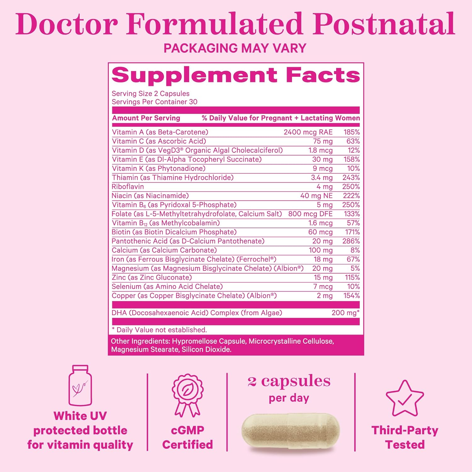 Vegan Postnatal Vitamins with DHA, Iron, Folate, and B12 - Postpartum Recovery for Breastfeeding Moms - 3 Month Supply