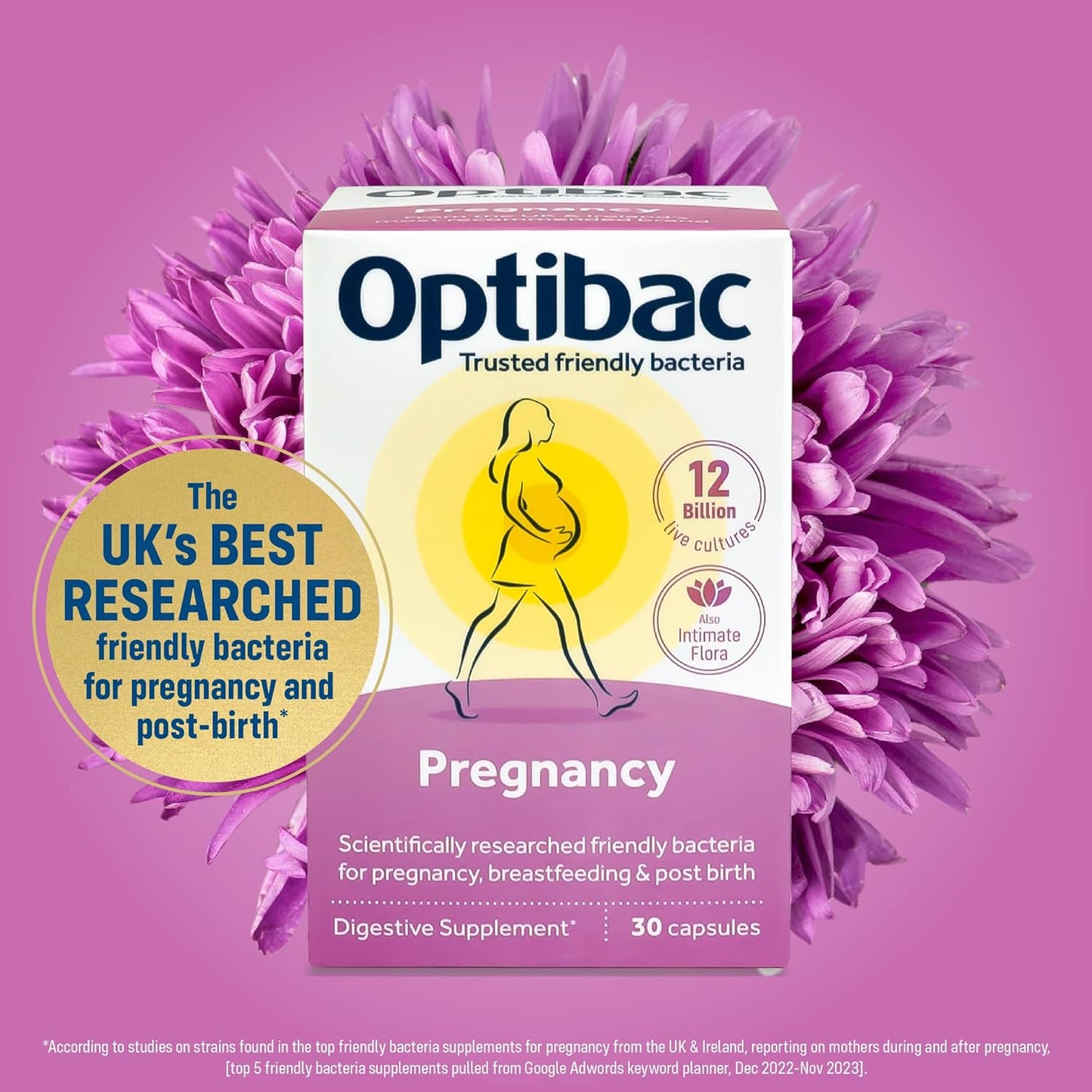 Vegan Probiotic Supplement for Pregnancy & Breastfeeding - 12 Billion CFU & FOS Fibres, 30 Capsules