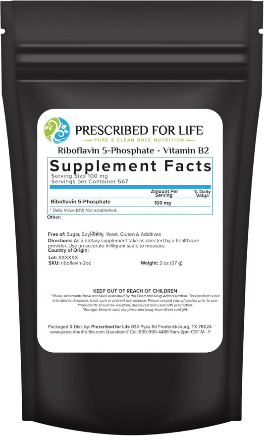 Vegan Riboflavin 5 Phosphate Powder - Gluten-Free, Non-GMO, Soy-Free, Kosher - Natural Vitamin B2 Supplement for Hair, Skin, Nails - 2oz