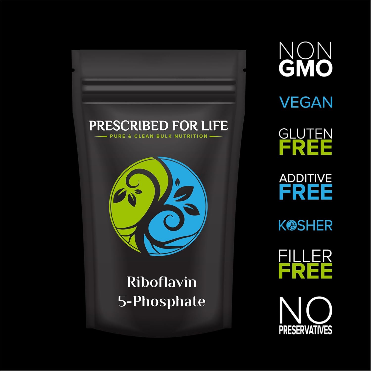 Vegan Riboflavin 5 Phosphate Powder - Gluten-Free, Non-GMO, Soy-Free, Kosher - Natural Vitamin B2 Supplement for Hair, Skin, Nails - 2oz