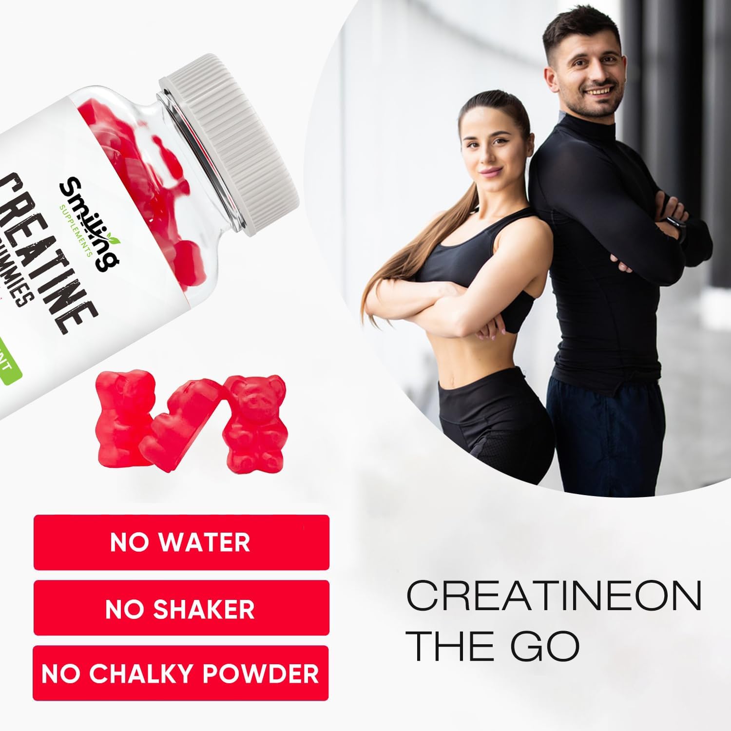 Vegan Strawberry Creatine Gummies - 3g of Creatine per Gummy, 60 Count, Smiling Supplements
