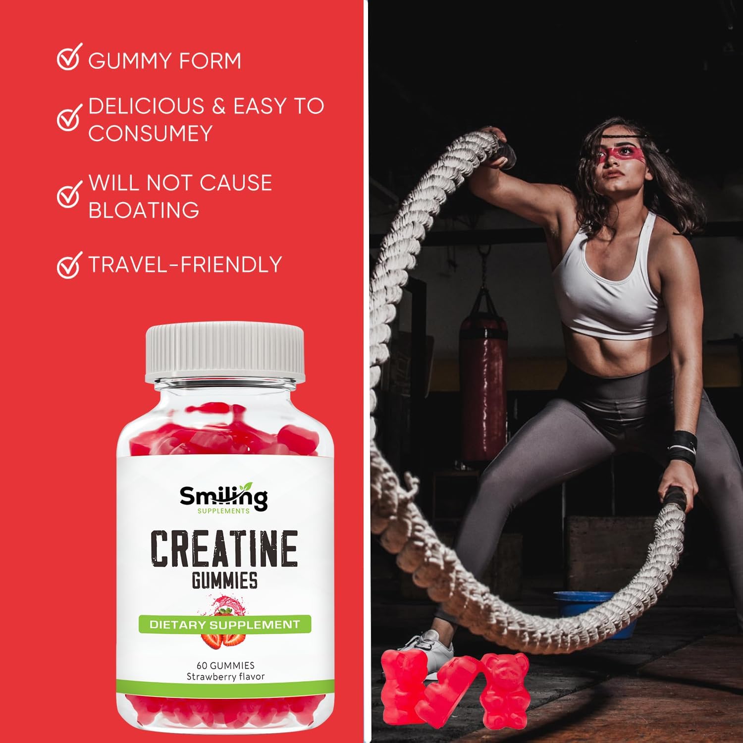 Vegan Strawberry Creatine Gummies - 3g of Creatine per Gummy, 60 Count, Smiling Supplements