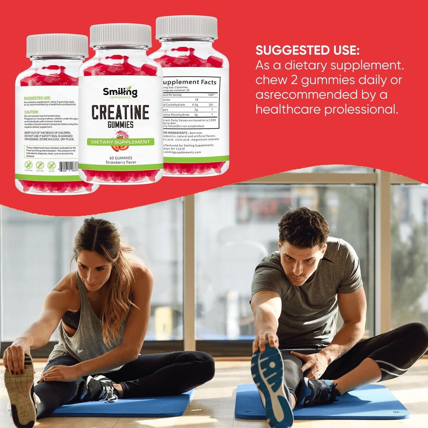 Vegan Strawberry Creatine Gummies - 3g of Creatine per Gummy, 60 Count, Smiling Supplements