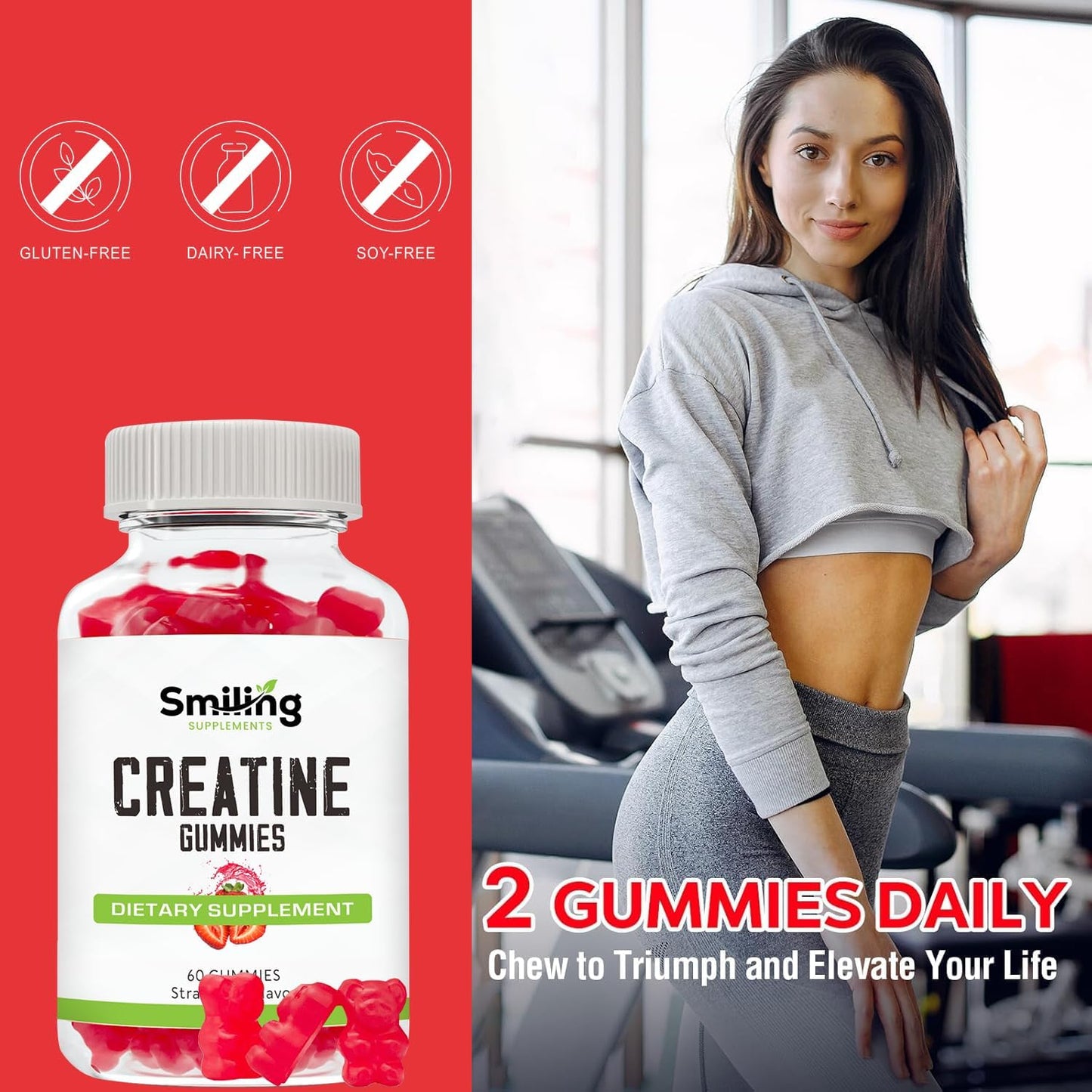 Vegan Strawberry Creatine Gummies - 3g of Creatine per Gummy, 60 Count, Smiling Supplements