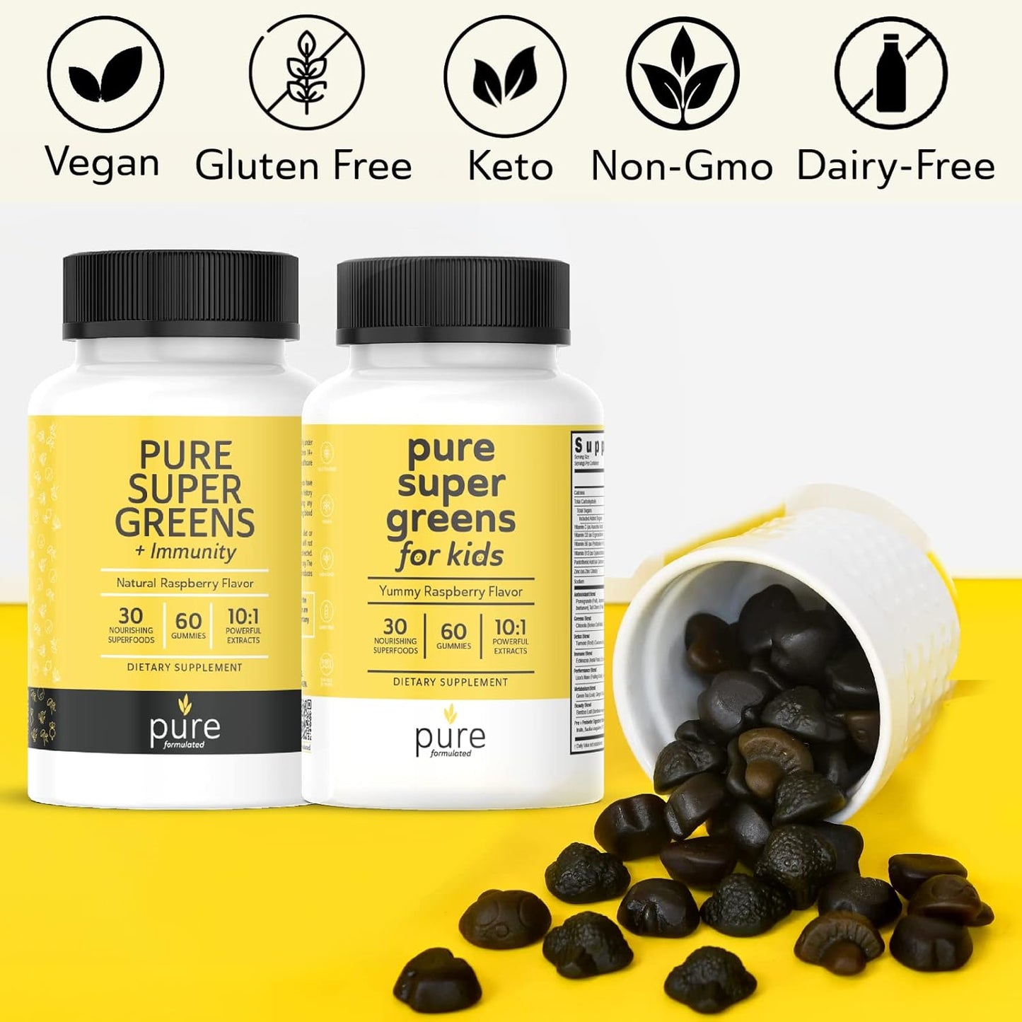 Vegan Super Greens Multivitamin Gummies with 30 Superfoods - Immune & Digestive Support - Vitamin A, B, C, E, K - Kids & Adults - 2 Bottles, 60 Count Each