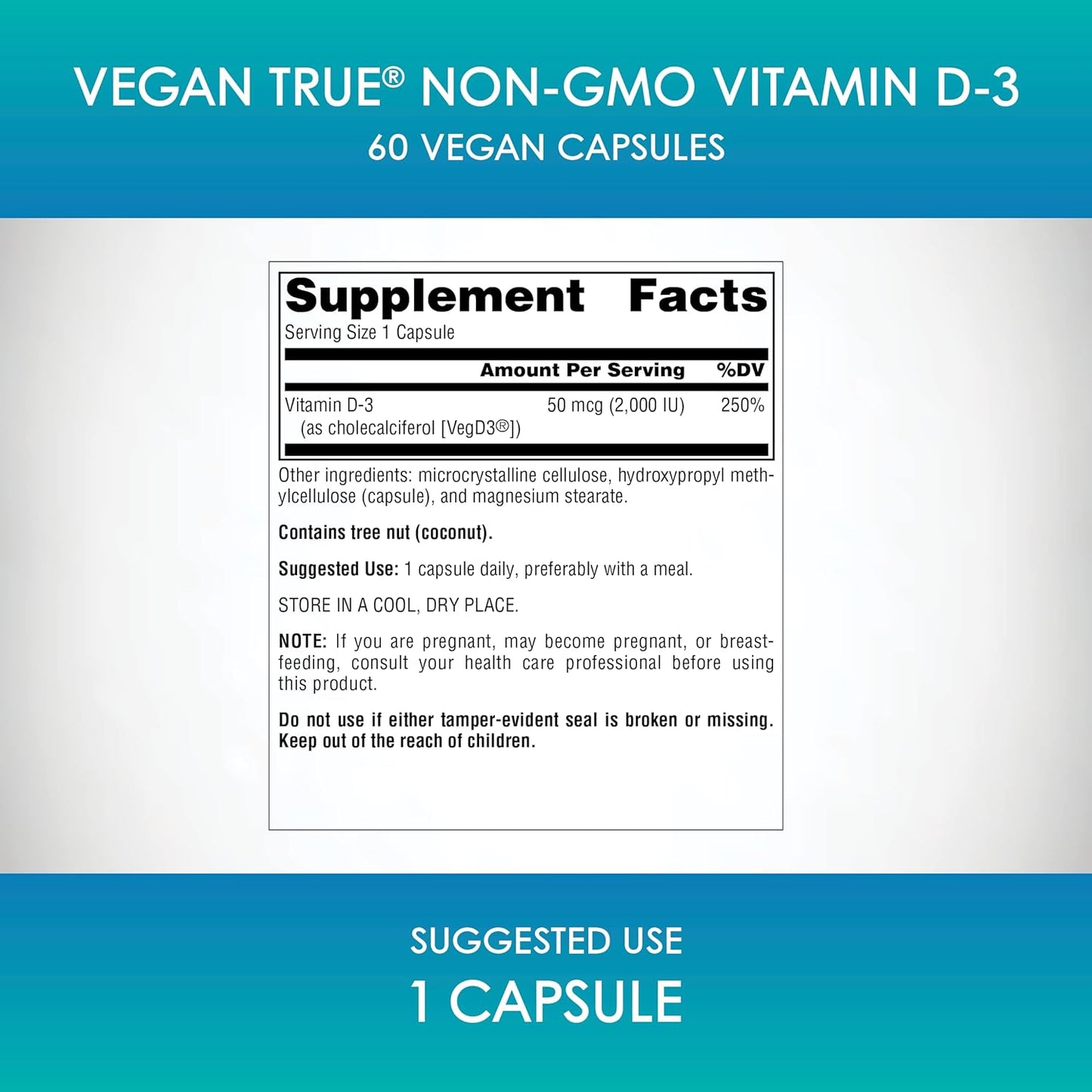 Vegan True Non-GMO Vitamin D-3 2,000 IU Capsules for Immune & Bone Health by Source Naturals