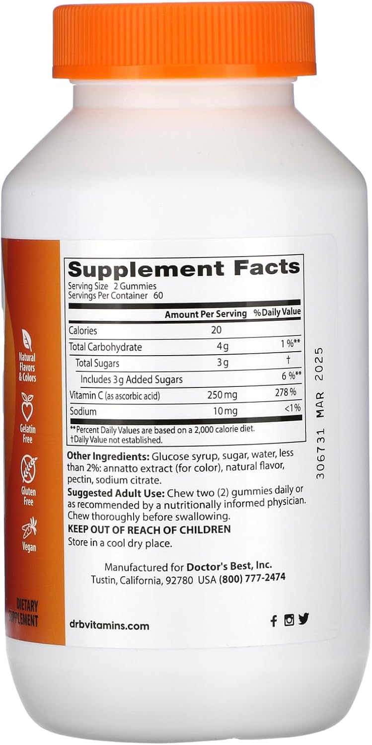 Vegan Vitamin C Gummies 250mg, Immune & Antioxidant Support, Gluten Free, 120 Count