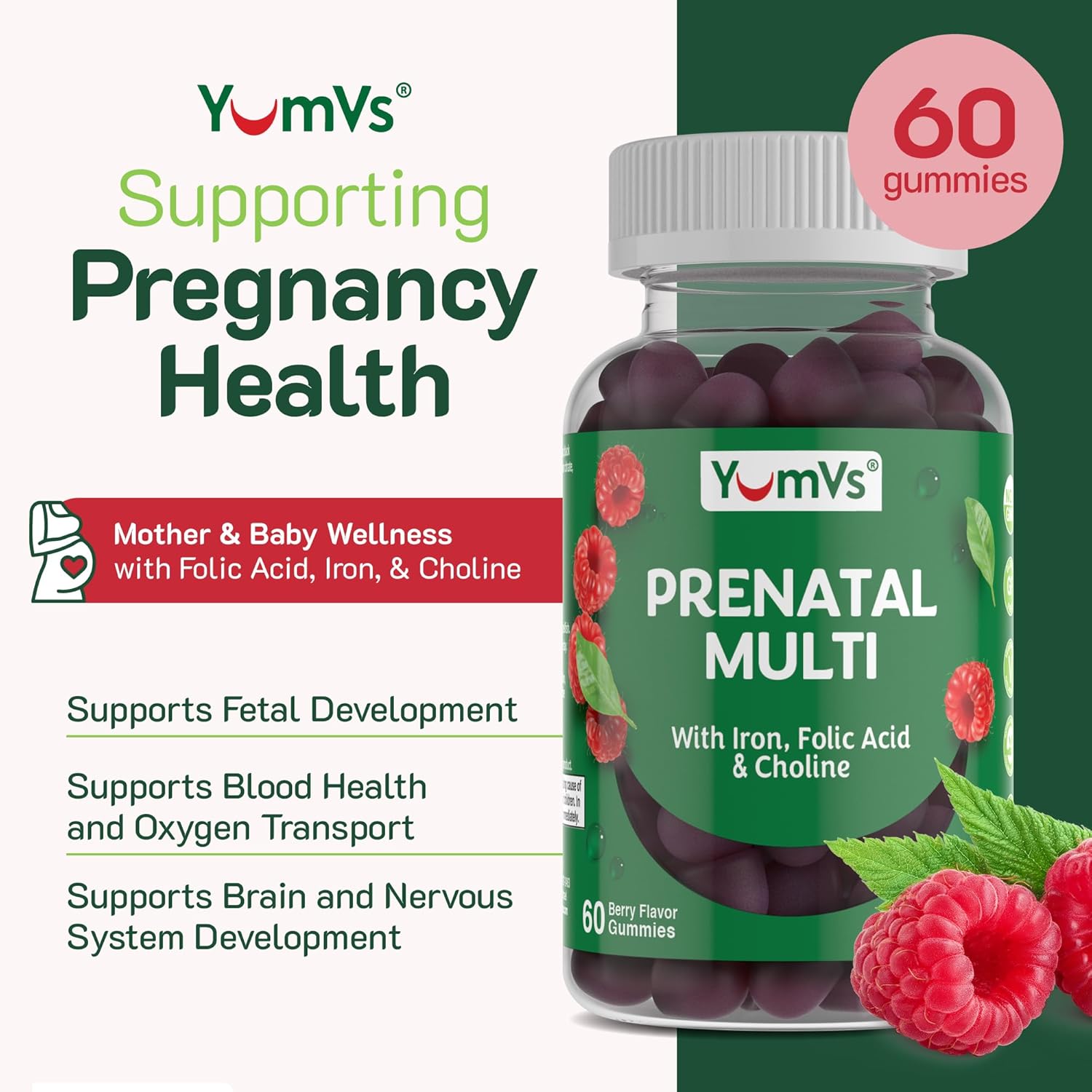 Vegetarian Prenatal Gummies with Folic Acid, Iron & Choline - 120 Count - Kosher Womens Prenatal Multivitamin
