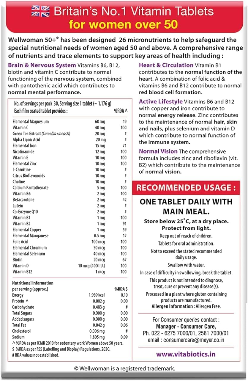 Vegetarian Women's 50+ Multivitamin with Vitamins, Iron, Calcium, Amino Acids for Menopausal Support, Energy, Vision, Heart Health - 30 Tablets