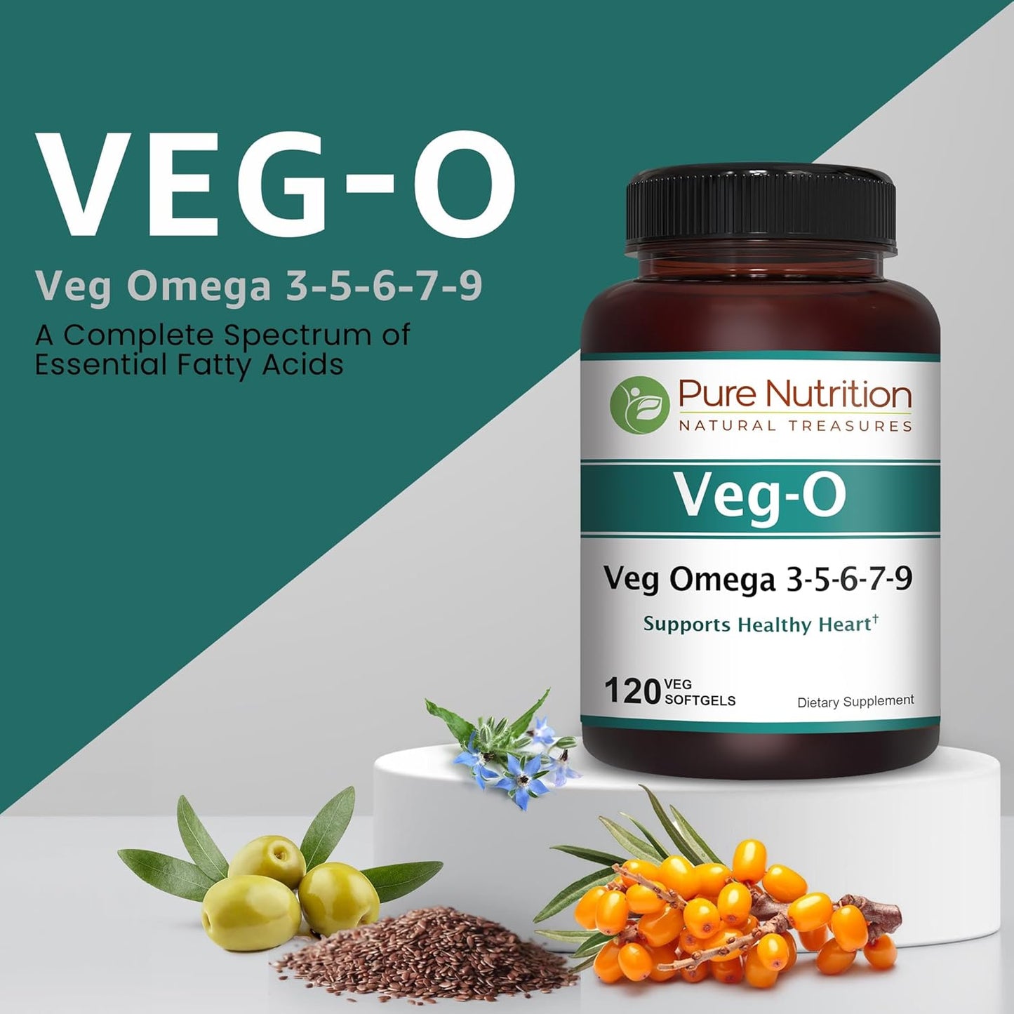 VegO Vegan Omega Supplement: 600mg Vegan Omega 3-5-6-7-9 Softgels for Heart & Brain Health - 120 Count