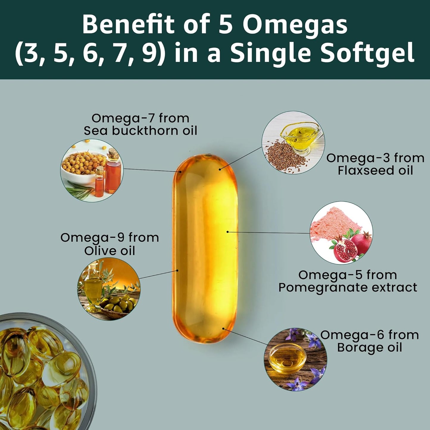 VegO Vegan Omega Supplement: 600mg Vegan Omega 3-5-6-7-9 Softgels for Heart & Brain Health - 120 Count