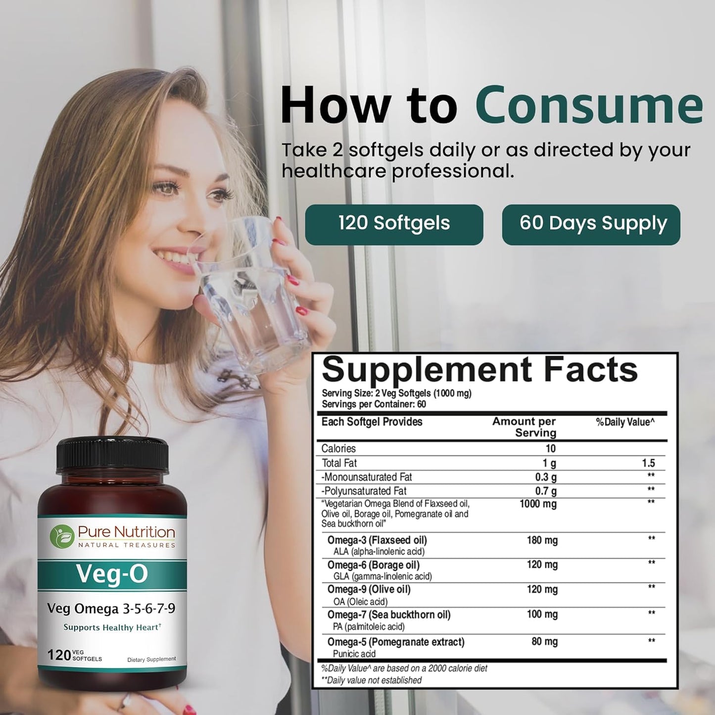 VegO Vegan Omega Supplement: 600mg Vegan Omega 3-5-6-7-9 Softgels for Heart & Brain Health - 120 Count