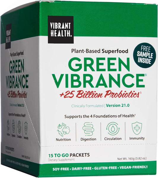 Vibrant Health Green Vibrance Packets - Vegan Superfood Powder, Travel-Friendly, 15 Packets, FFP