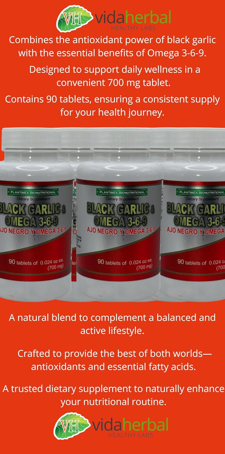 vidaherbal Black Garlic and Omega 3-6-9 Tablets - 90 Count (700mg) Dietary Supplement with AJO Negro