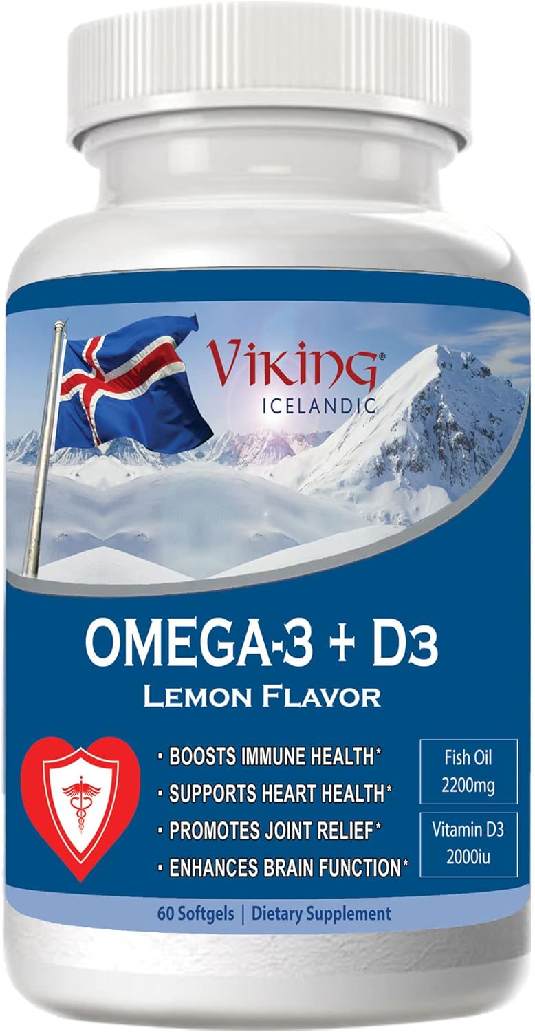Viking Omega 3 Fish Oil with D-3 Lemon Flavor Softgels - 60 Count - Supports Heart, Brain, Joint, and Immune Health - High Potency 2200mg Fish Oil, 2000iu Vitamin D3