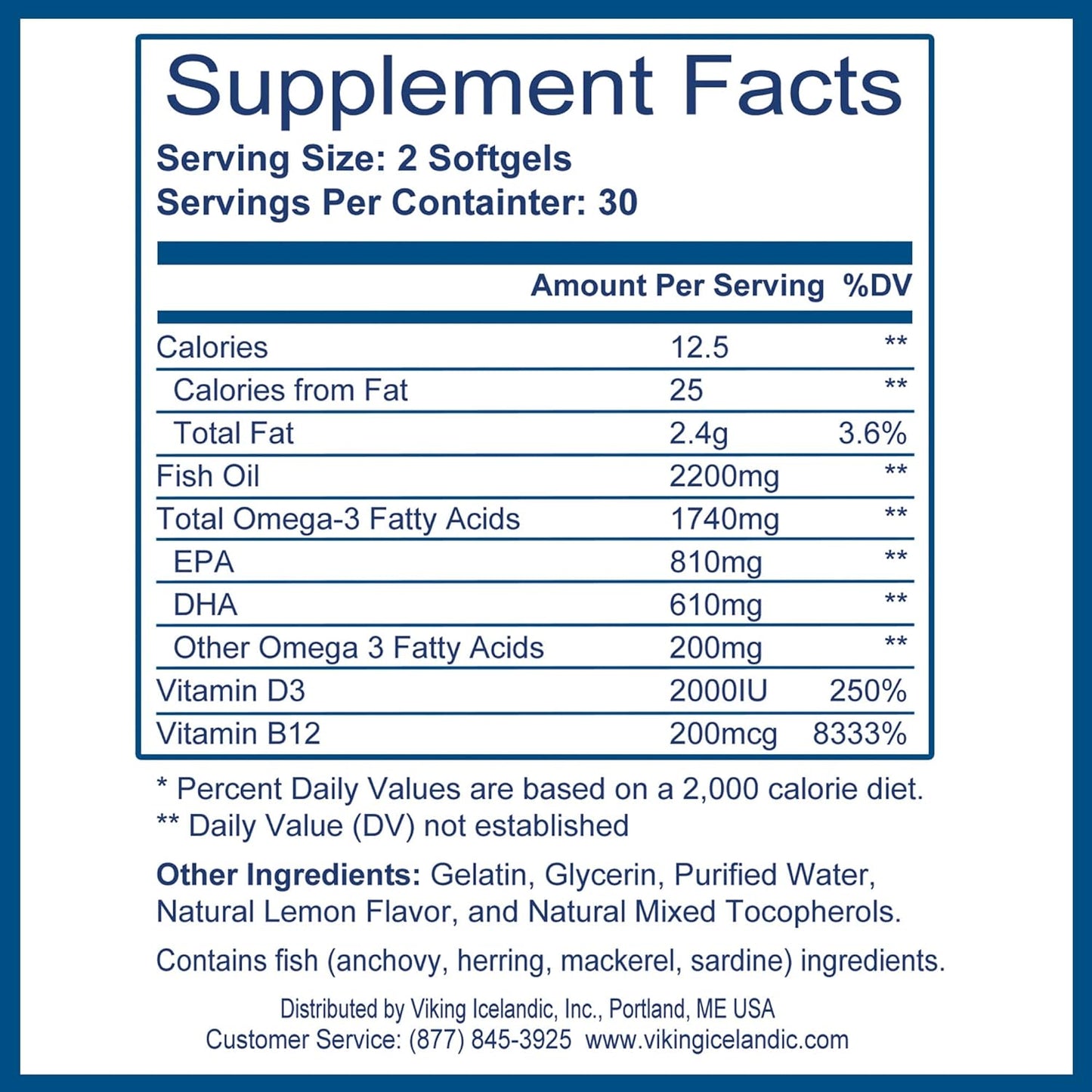 Viking Omega 3 Fish Oil with D-3 Lemon Flavor Softgels - 60 Count - Supports Heart, Brain, Joint, and Immune Health - High Potency 2200mg Fish Oil, 2000iu Vitamin D3