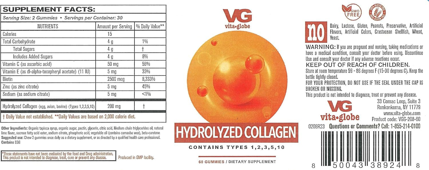 VITA GLOBE Collagen Gummies 200mg - Type I II III V & X, Vitamin for Healthy Skin Hair Nails, Beauty Support, Bone & Joint, 60 Count