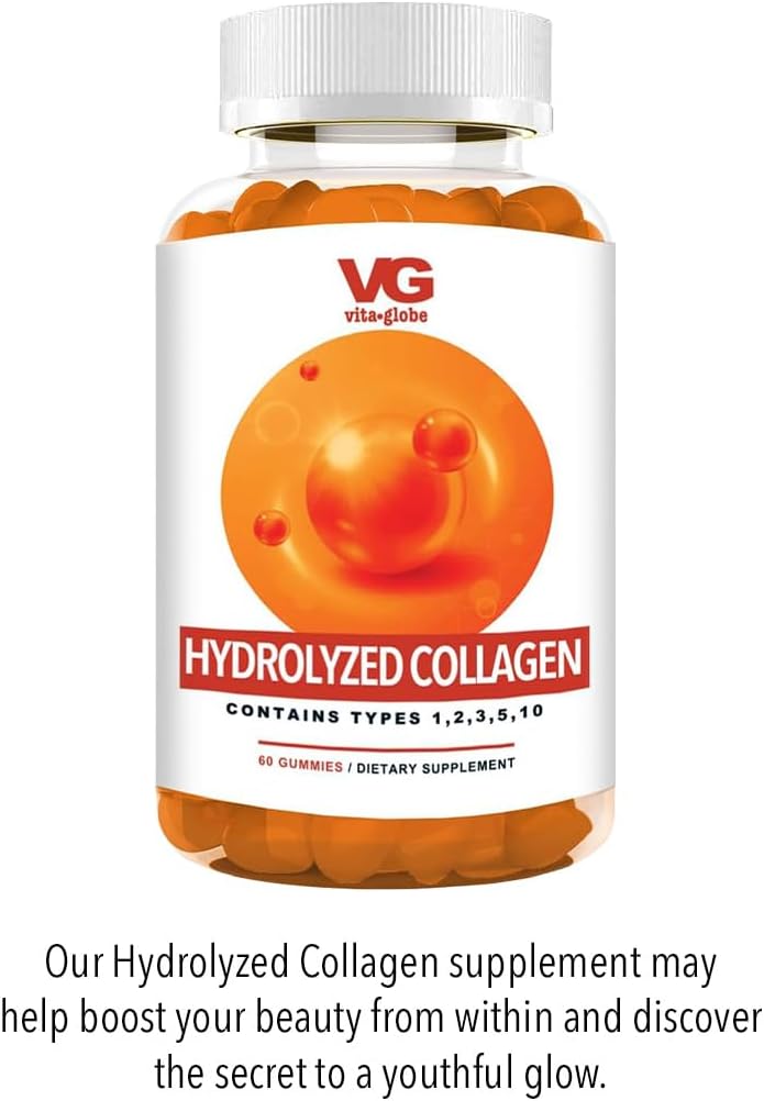 VITA GLOBE Collagen Gummies 200mg - Type I II III V & X, Vitamin for Healthy Skin Hair Nails, Beauty Support, Bone & Joint, 60 Count