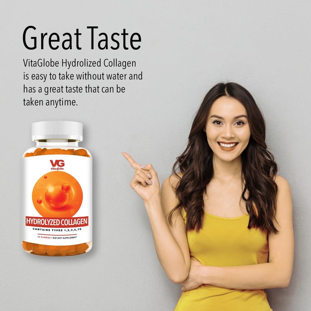VITA GLOBE Collagen Gummies 200mg - Type I II III V & X, Vitamin for Healthy Skin Hair Nails, Beauty Support, Bone & Joint, 60 Count