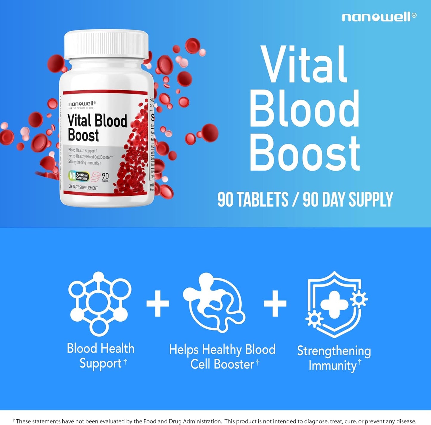 Vital Blood Boost Dietary Supplement - Support for White and Red Blood Cells - Iron, Selenium, Zinc, B12, Folic Acid - 360 Day Supply, 90 Tablets x 4 Bottles