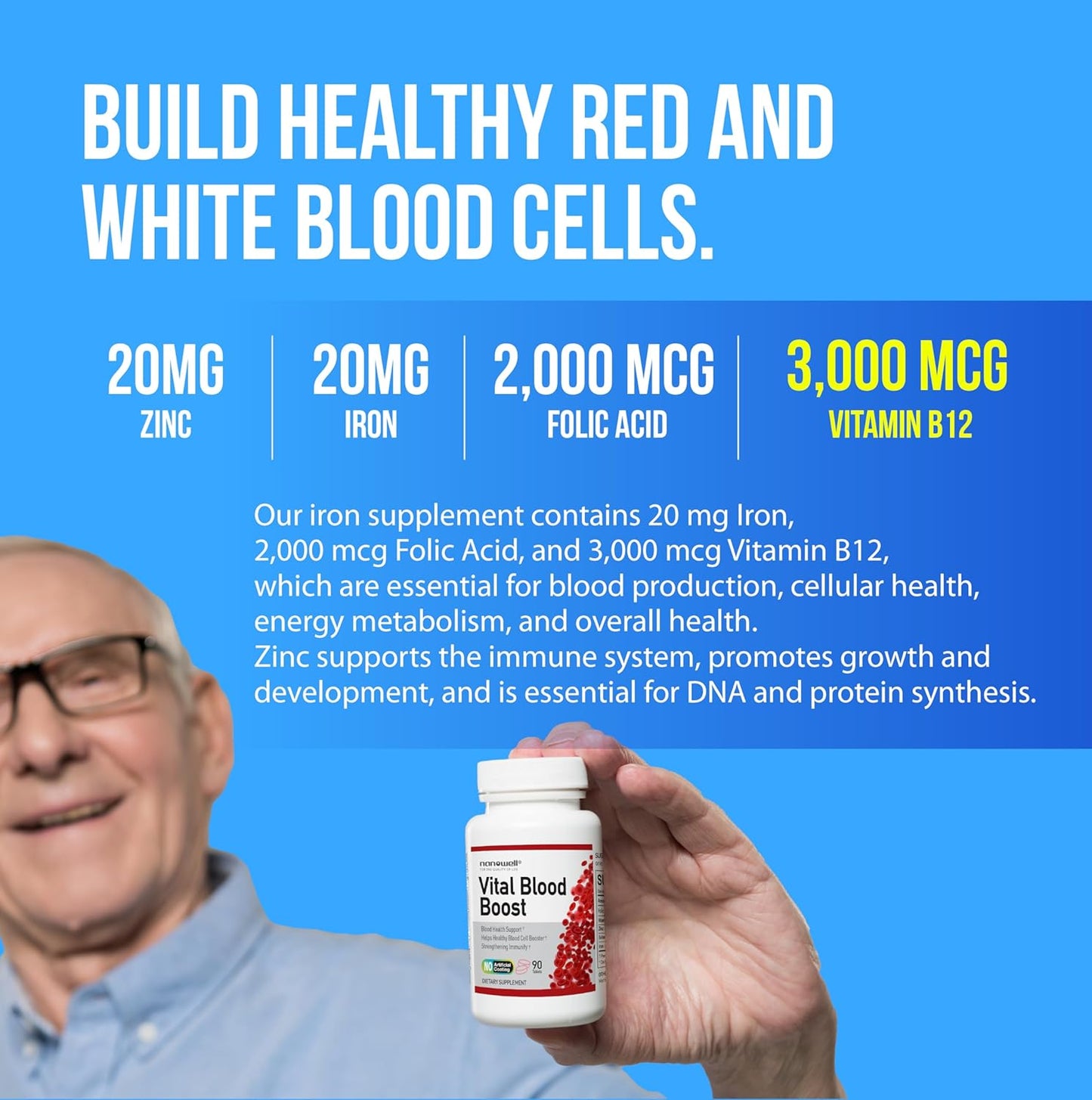 Vital Blood Boost Dietary Supplement - Support for White and Red Blood Cells - Iron, Selenium, Zinc, B12, Folic Acid - 360 Day Supply, 90 Tablets x 4 Bottles