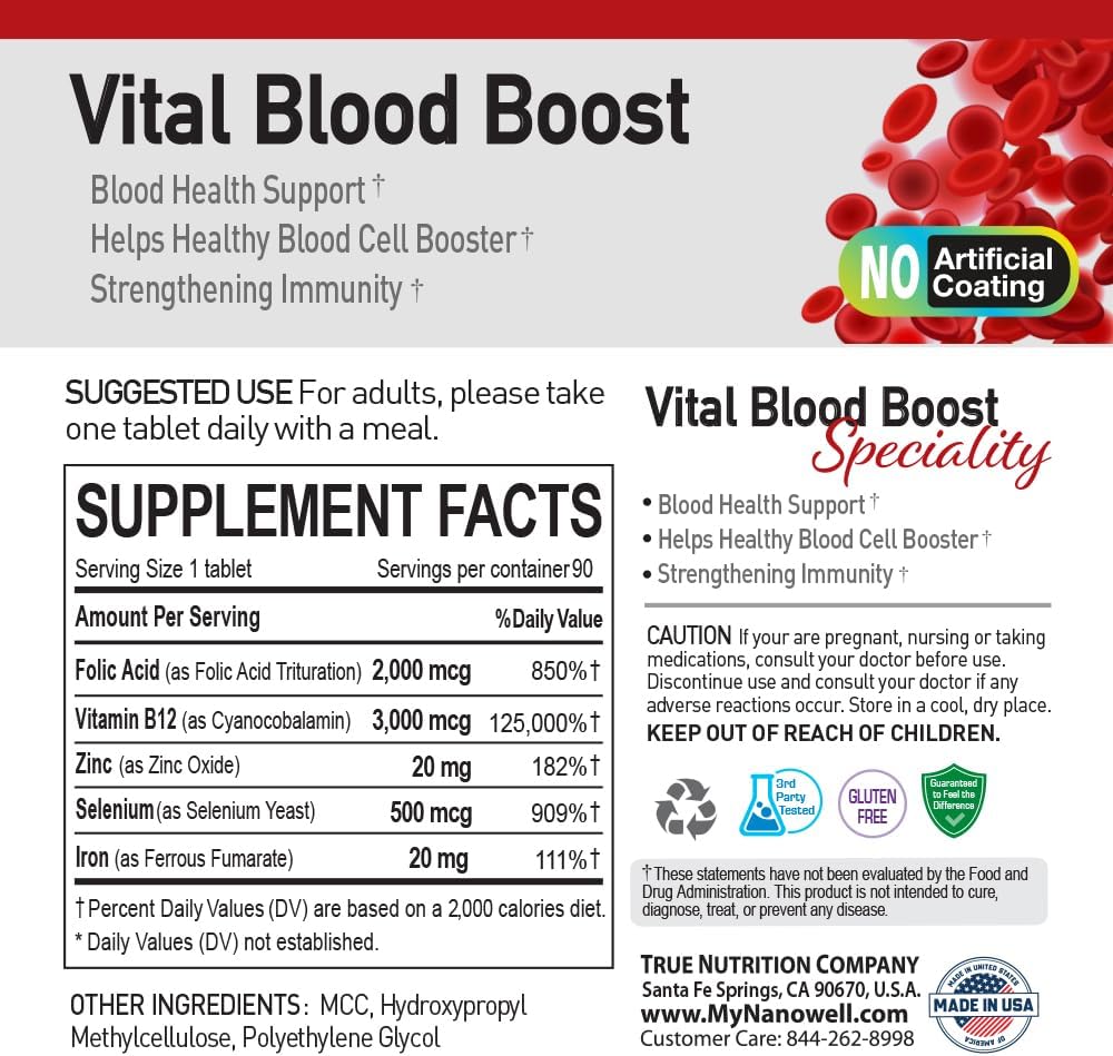 Vital Blood Boost Dietary Supplement - Support for White and Red Blood Cells - Iron, Selenium, Zinc, B12, Folic Acid - 360 Day Supply, 90 Tablets x 4 Bottles
