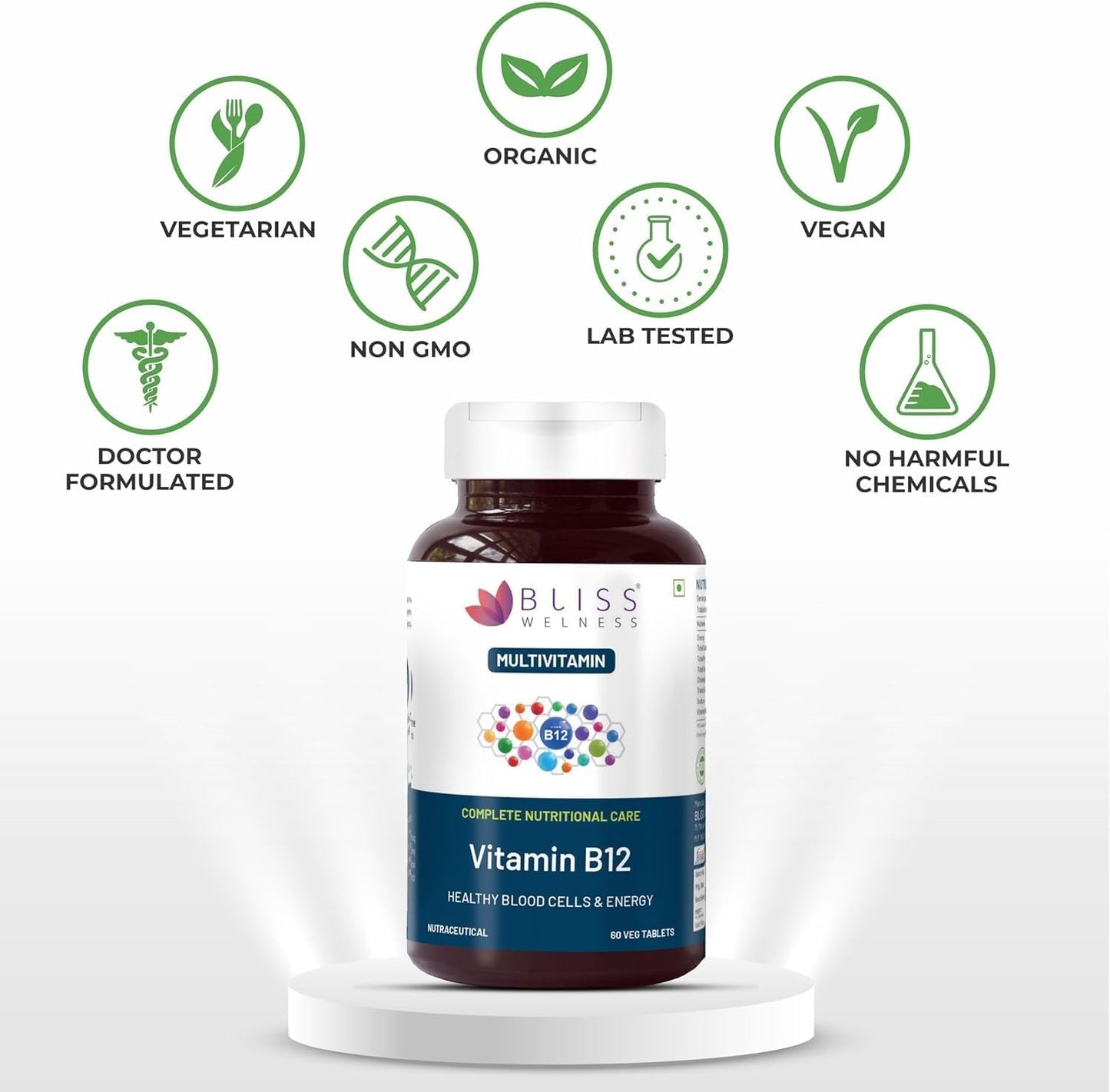 Vitamin B12 Supplement 100% RDA for Energy & Nervous System Support - 60 Vegetarian Tablets for Men & Women