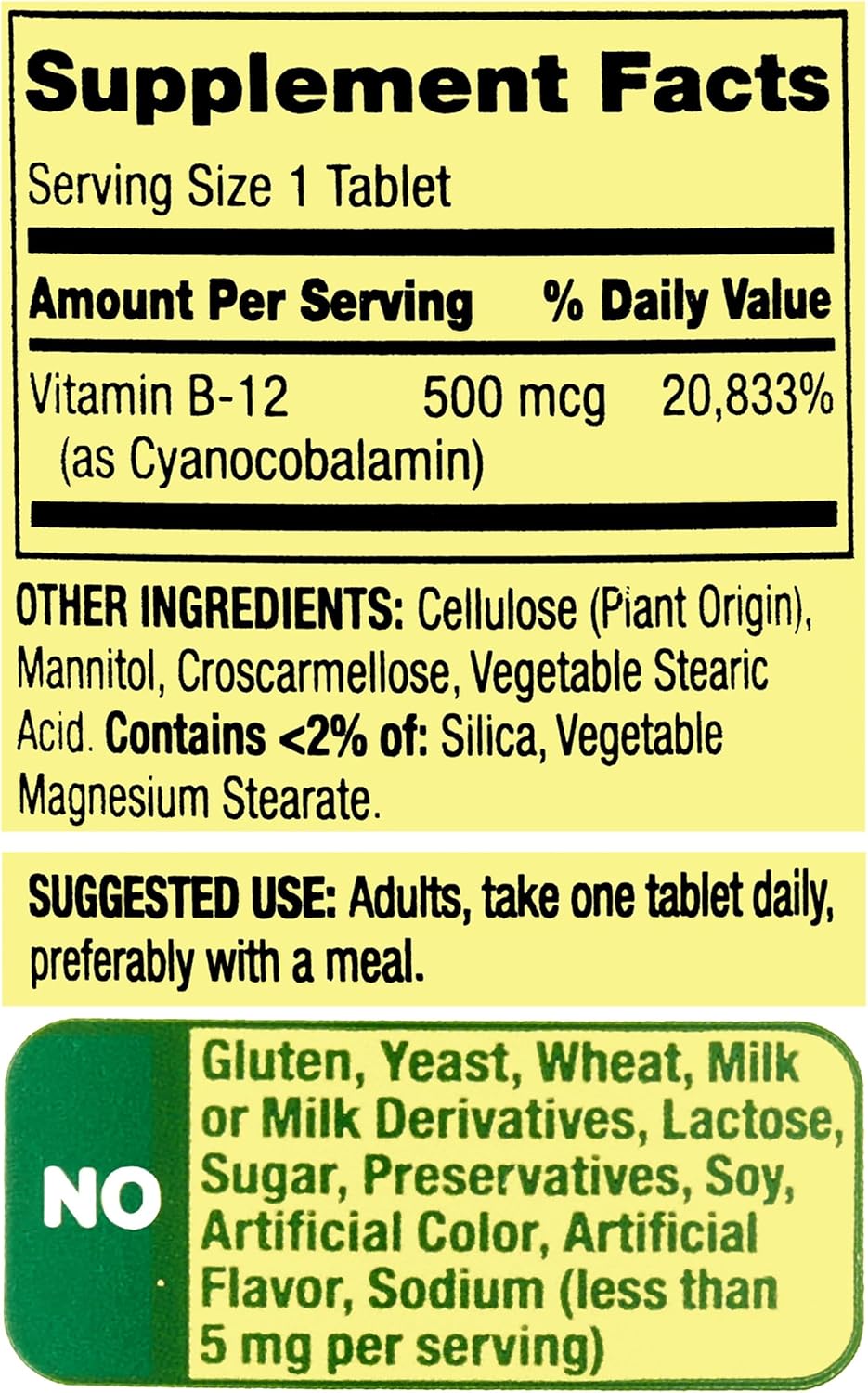 Vitamin B12 Tablets 500 mcg - 100 Count for Cardiovascular & Nervous System Health, Energy Support