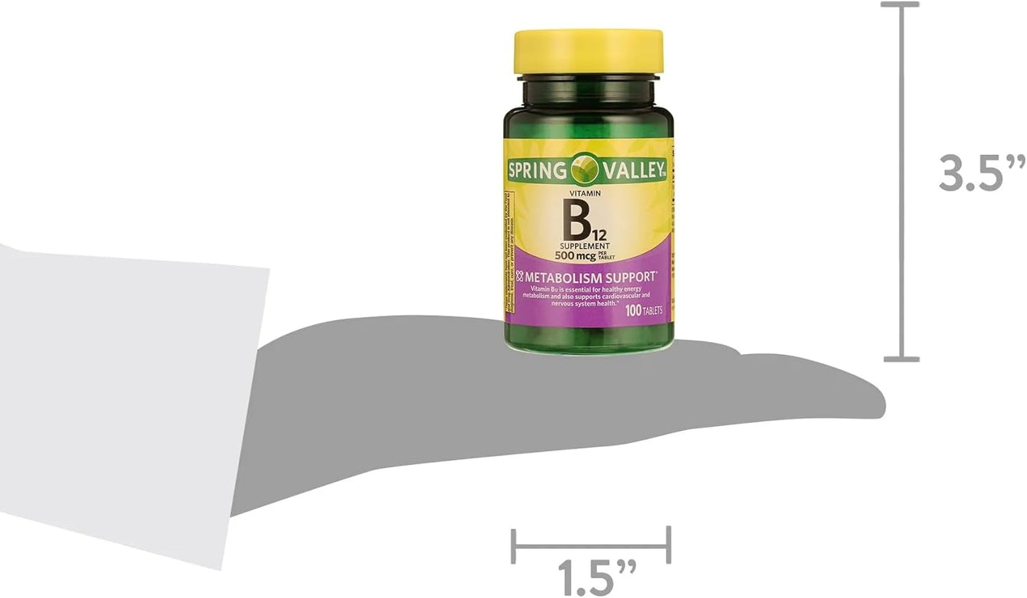 Vitamin B12 Tablets 500 mcg - 100 Count for Cardiovascular & Nervous System Health, Energy Support