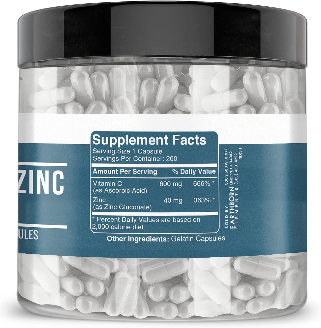 Vitamin C and Zinc Gluconate Supplement for Blended Health Support, 200 Capsules, Non-GMO, Gluten Free
