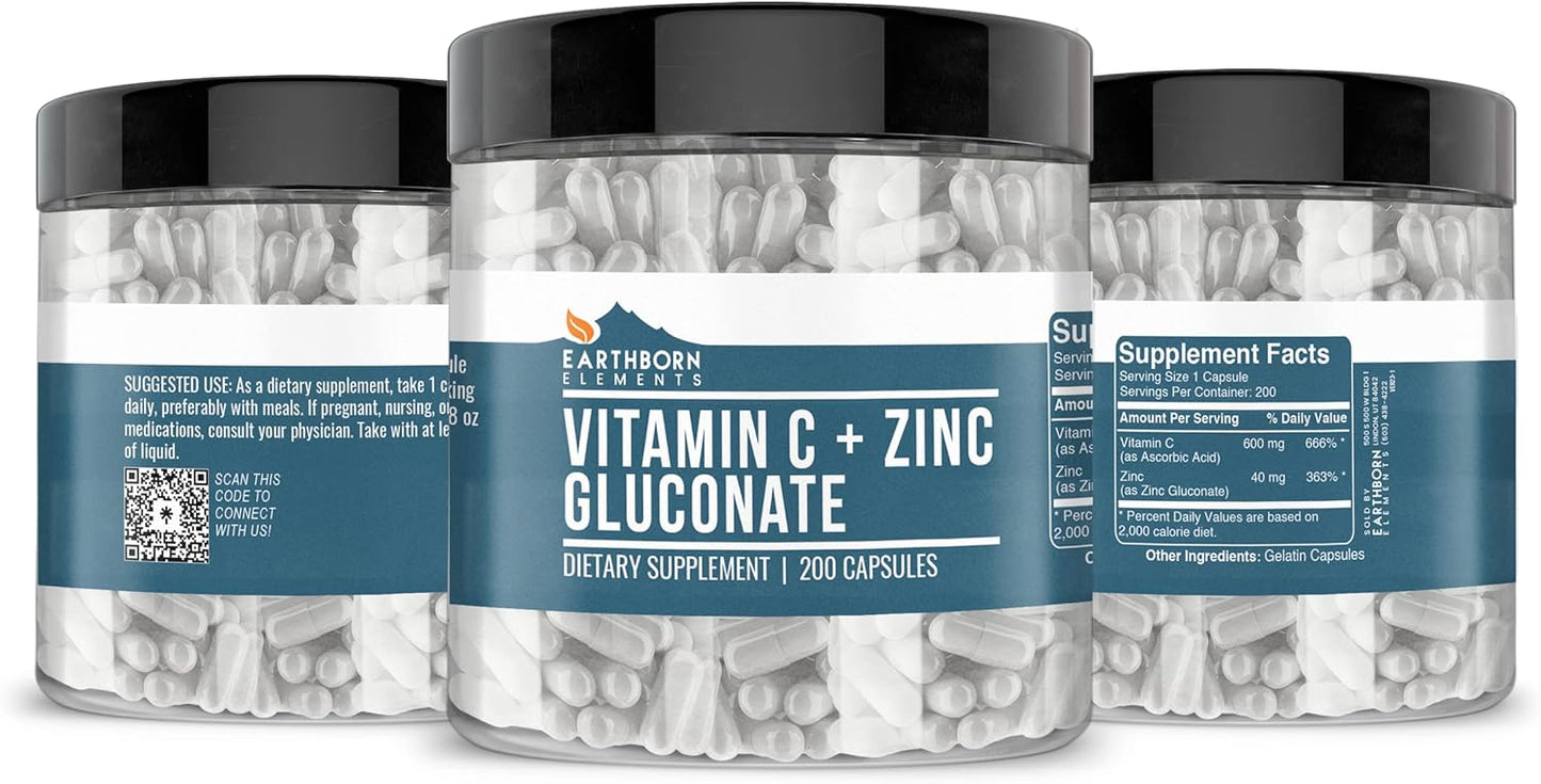 Vitamin C and Zinc Gluconate Supplement for Blended Health Support, 200 Capsules, Non-GMO, Gluten Free