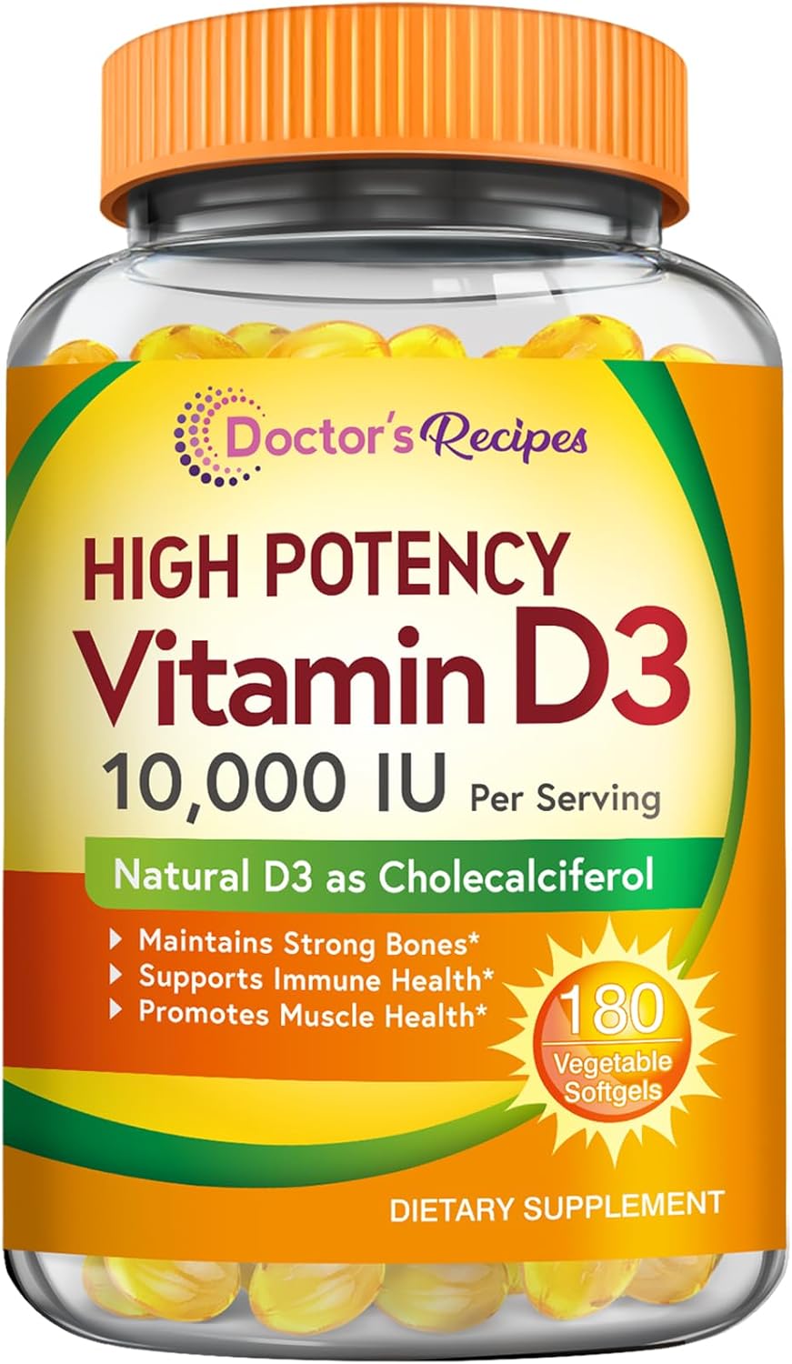 Vitamin D3 10000 IU for Immune Support, Bones, Teeth, and Muscles - Non-GMO, Gluten-Free, 90 Days Supply - 180 Vegetarian Softgels