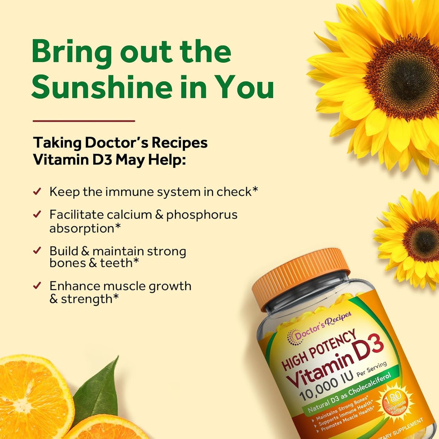 Vitamin D3 10000 IU for Immune Support, Bones, Teeth, and Muscles - Non-GMO, Gluten-Free, 90 Days Supply - 180 Vegetarian Softgels