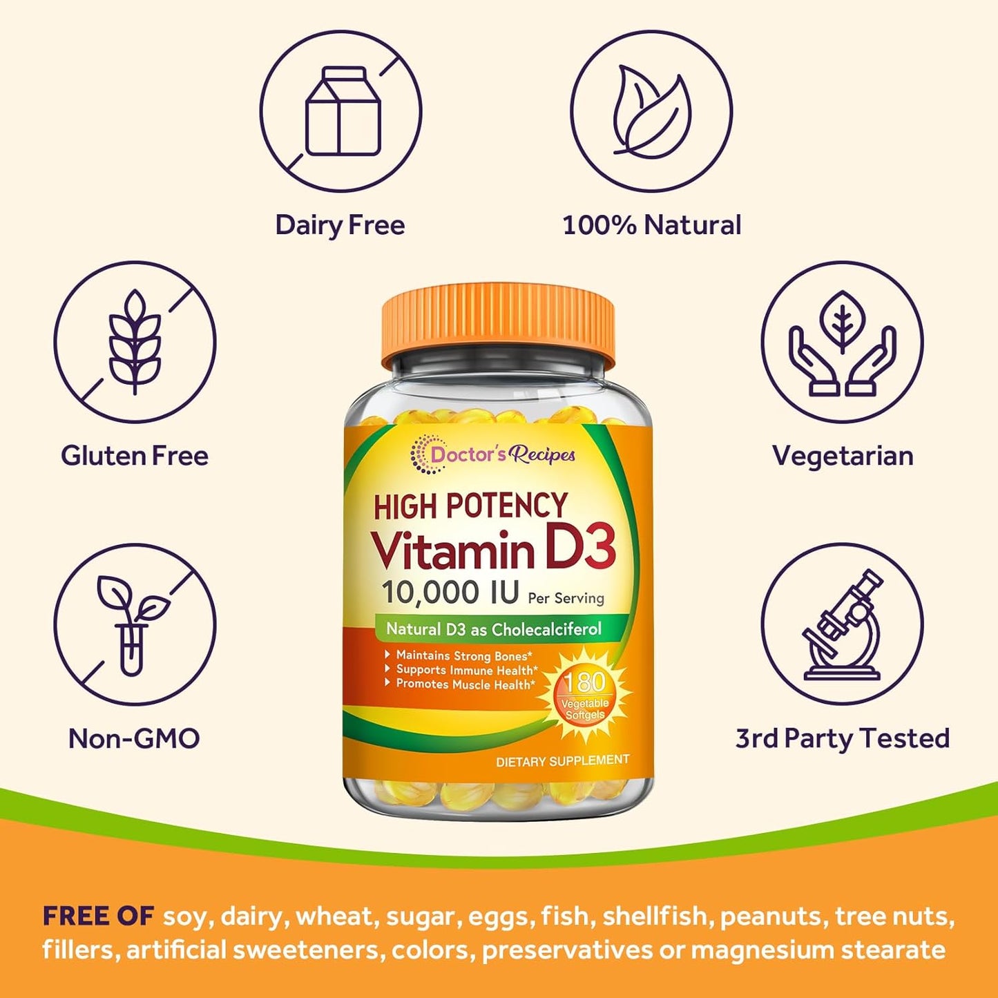 Vitamin D3 10000 IU for Immune Support, Bones, Teeth, and Muscles - Non-GMO, Gluten-Free, 90 Days Supply - 180 Vegetarian Softgels