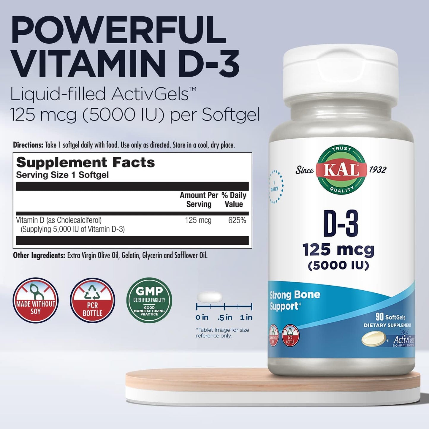 Vitamin D3 5000 IU Softgels - Active Form for Calcium Absorption, Bone Health, & Immune Support - 90 Servings, Soy-Free