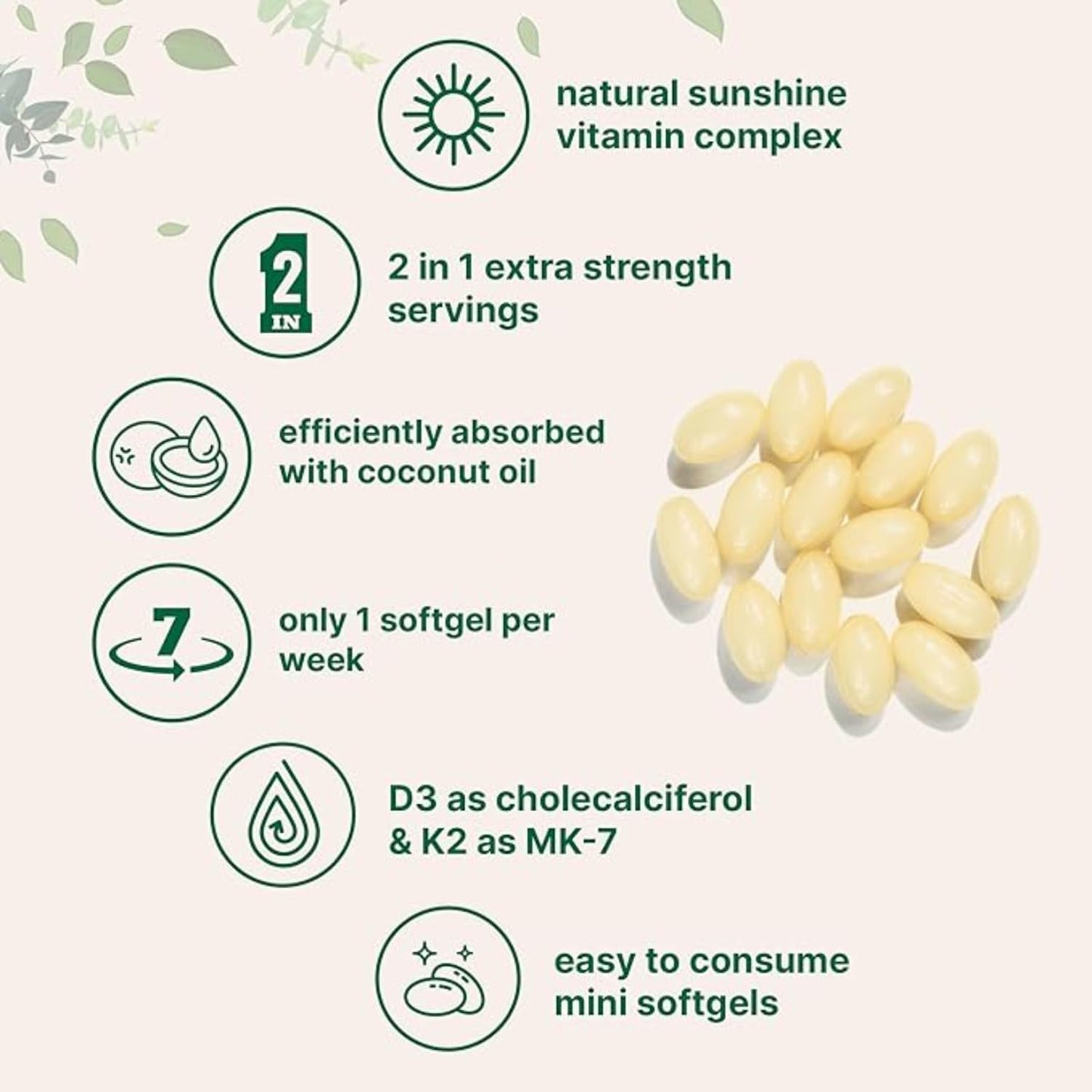 Vitamin D3 5000 IU with K2 (MK-7) Softgels - 240 Coconut Oil Capsules | Calcium & Heart Health Support