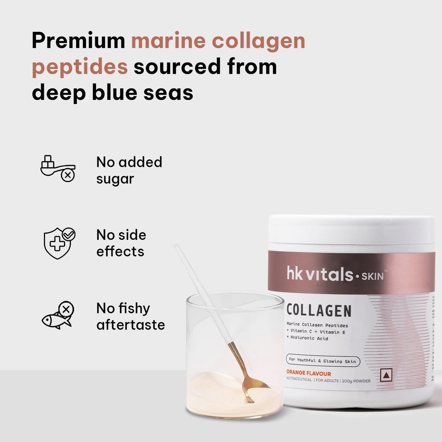 Vitamin-Enriched HealthKart Marine Collagen Supplement & Sipper Bottle Combo (Orange/Grey, 200g/300ml) for Skin, Hair, and Nails Health