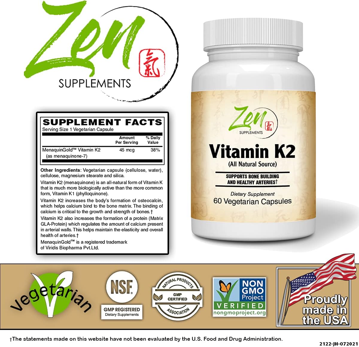 Vitamin K2 45mcg MenaquinGold® MK-7 Supplement for Cardiovascular & Bone Health Support - 60 Vegcaps
