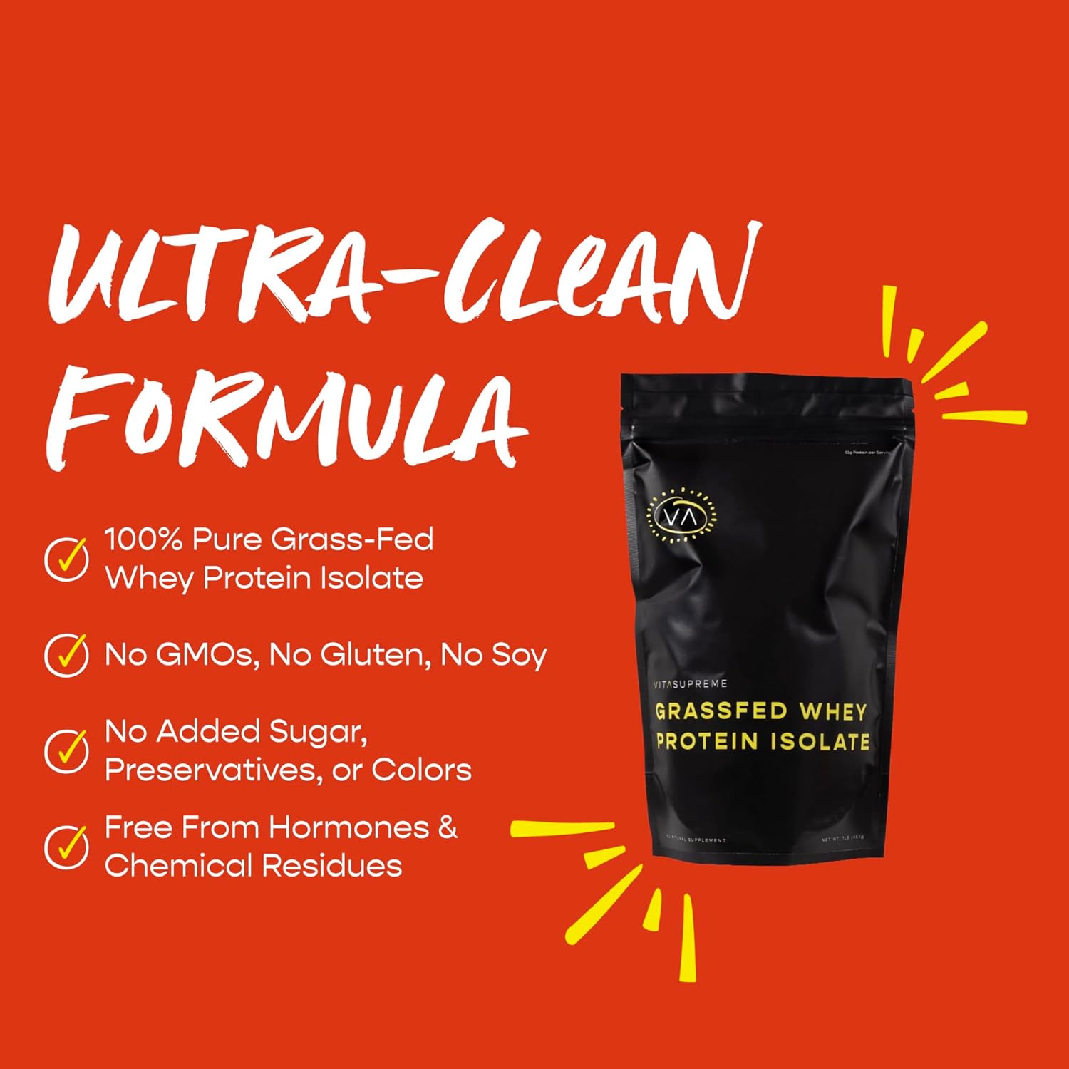 VITASUPREME Grass-Fed Whey Protein Isolate Powder - Low Carb, Keto & Paleo Diet Friendly - Cold Processed, Rapidly Absorbed - Non GMO & Gluten Free - 1 lb