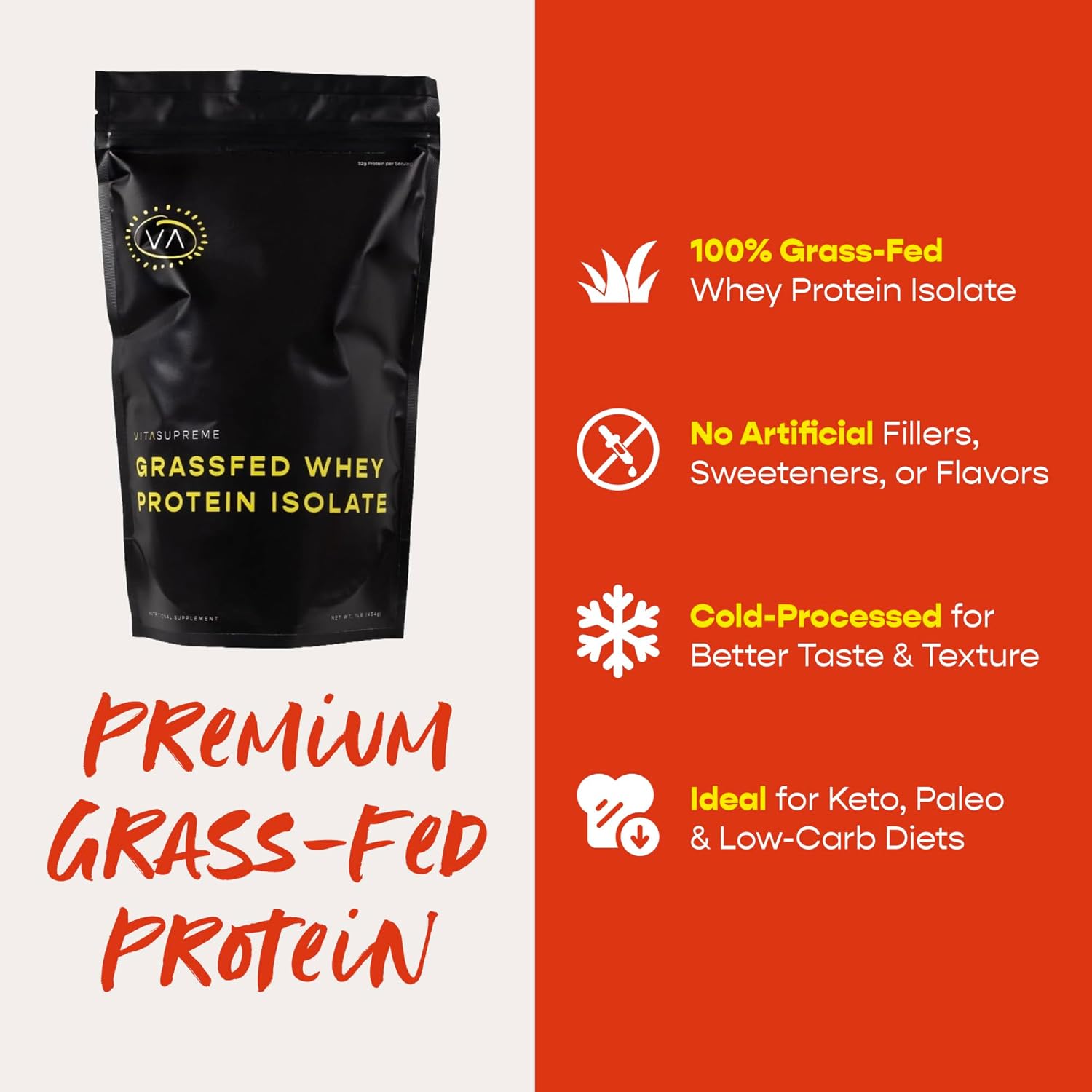 VITASUPREME Grass-Fed Whey Protein Isolate Powder - Low Carb, Keto & Paleo Diet Friendly - Cold Processed, Rapidly Absorbed - Non GMO & Gluten Free - 1 lb