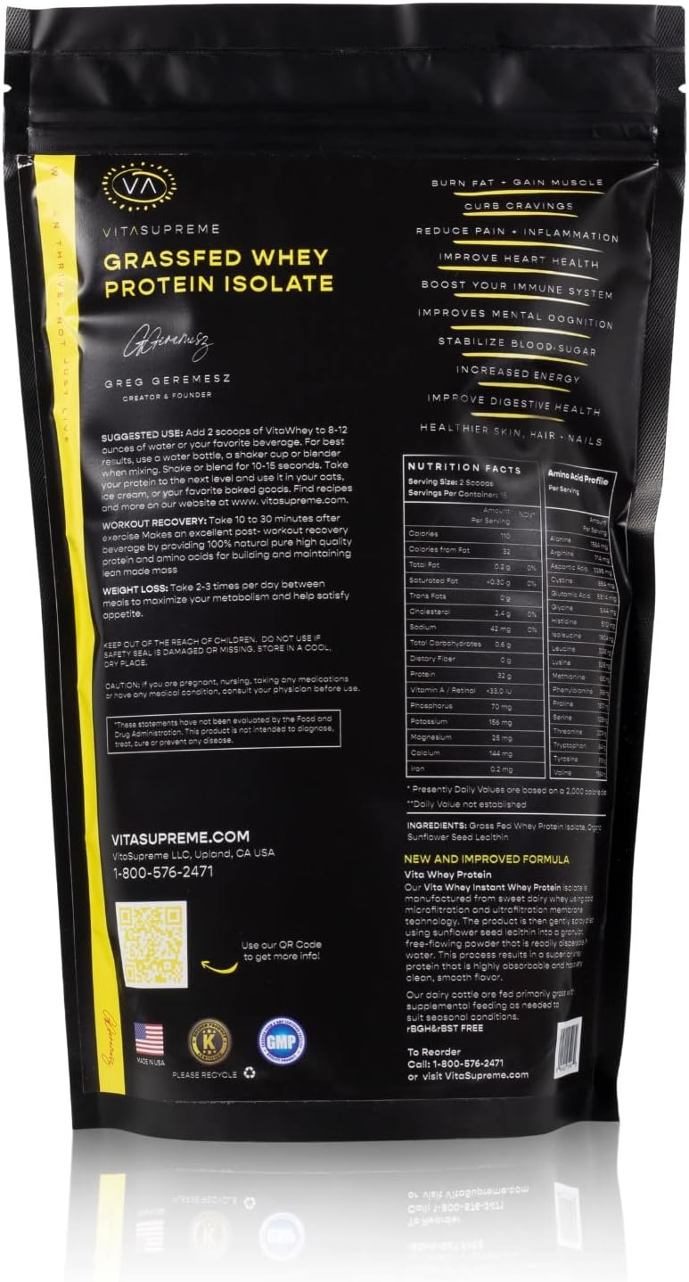 VITASUPREME Grass-Fed Whey Protein Isolate Powder - Low Carb, Keto & Paleo Diet Friendly - Cold Processed, Rapidly Absorbed - Non GMO & Gluten Free - 1 lb