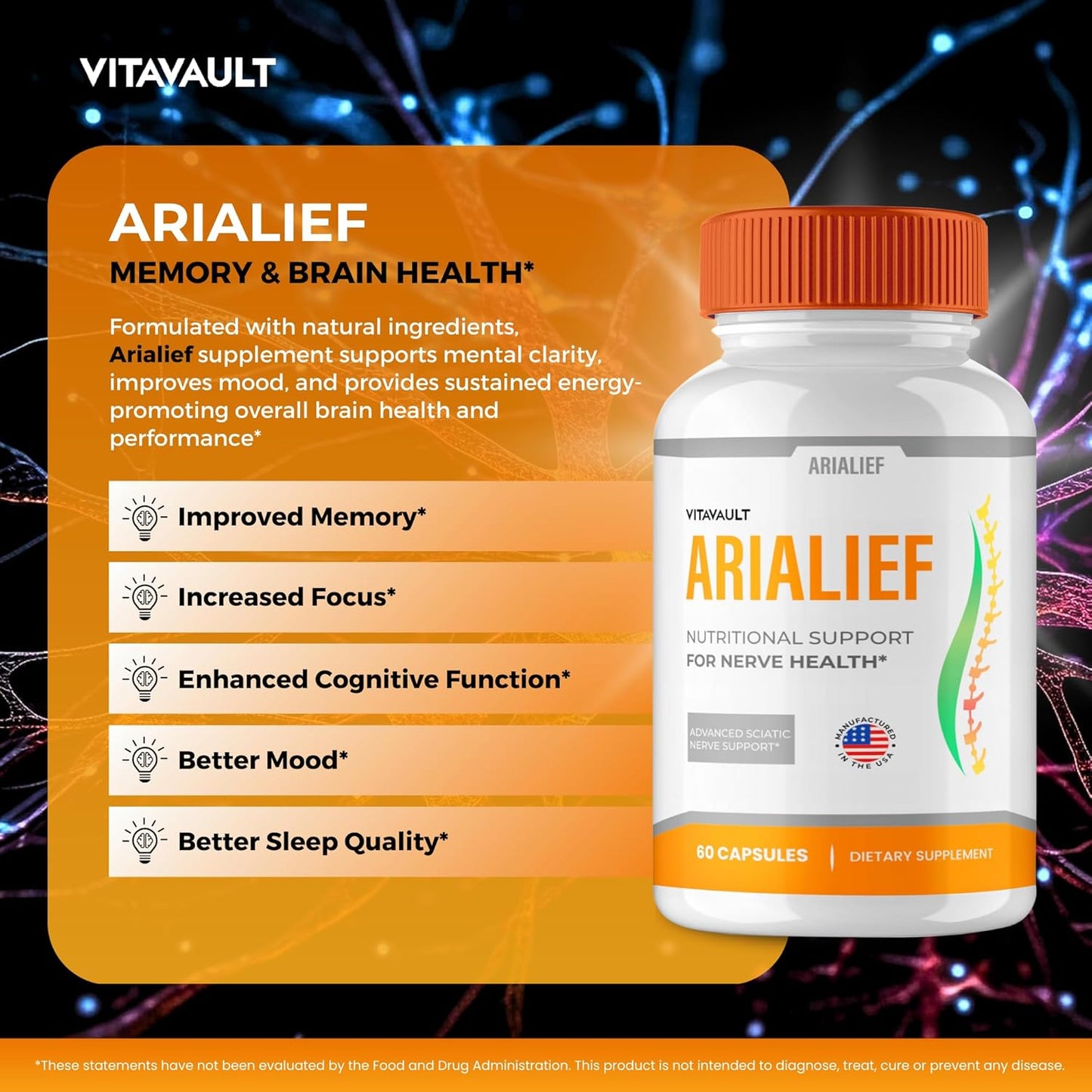 Vitavault Arialief Brain Supplements: Memory & Focus Capsules - Advanced Formula Nootropics for Brain Health Support - All Natural (5 Pack)