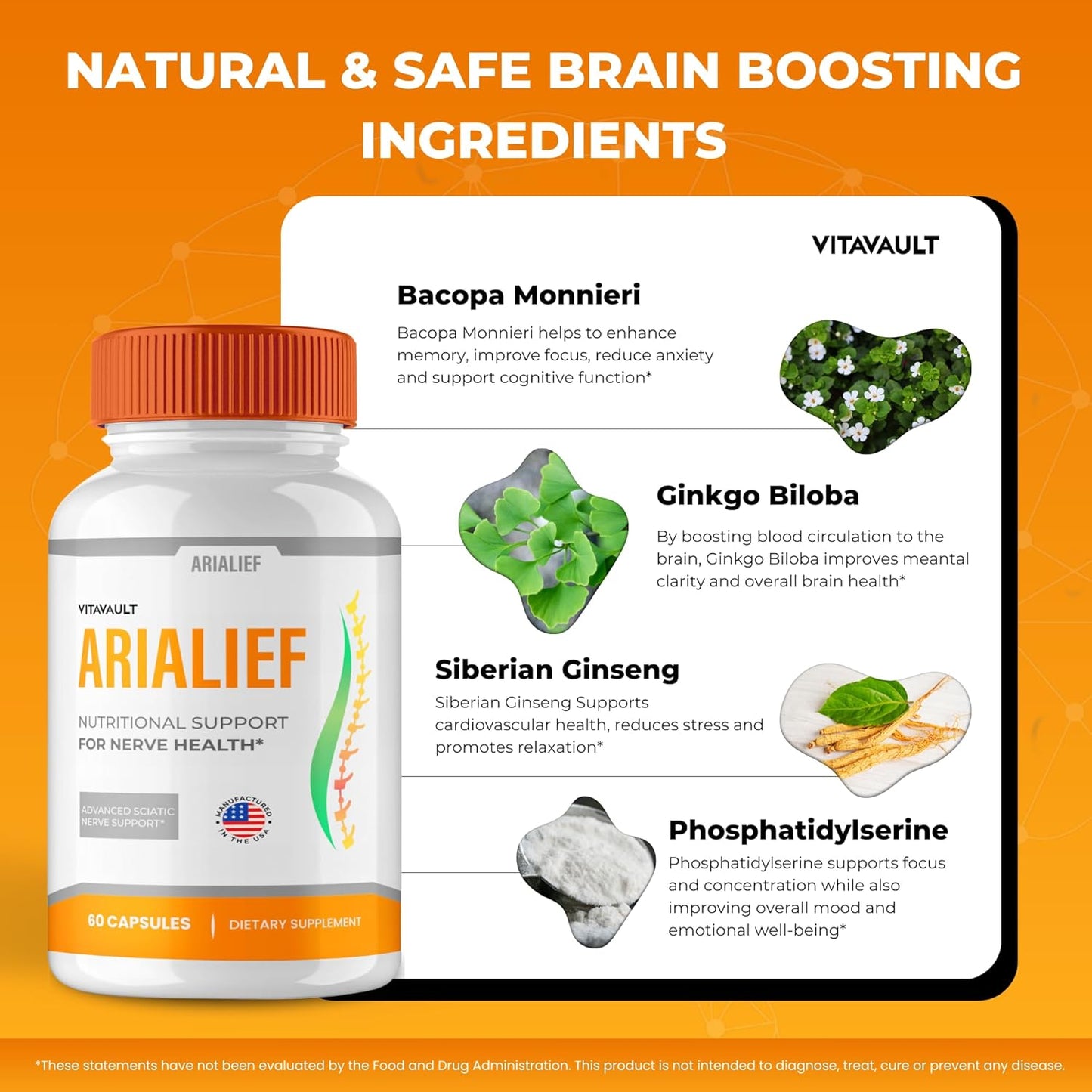 Vitavault Arialief Brain Supplements: Memory & Focus Capsules - Advanced Formula Nootropics for Brain Health Support - All Natural (5 Pack)