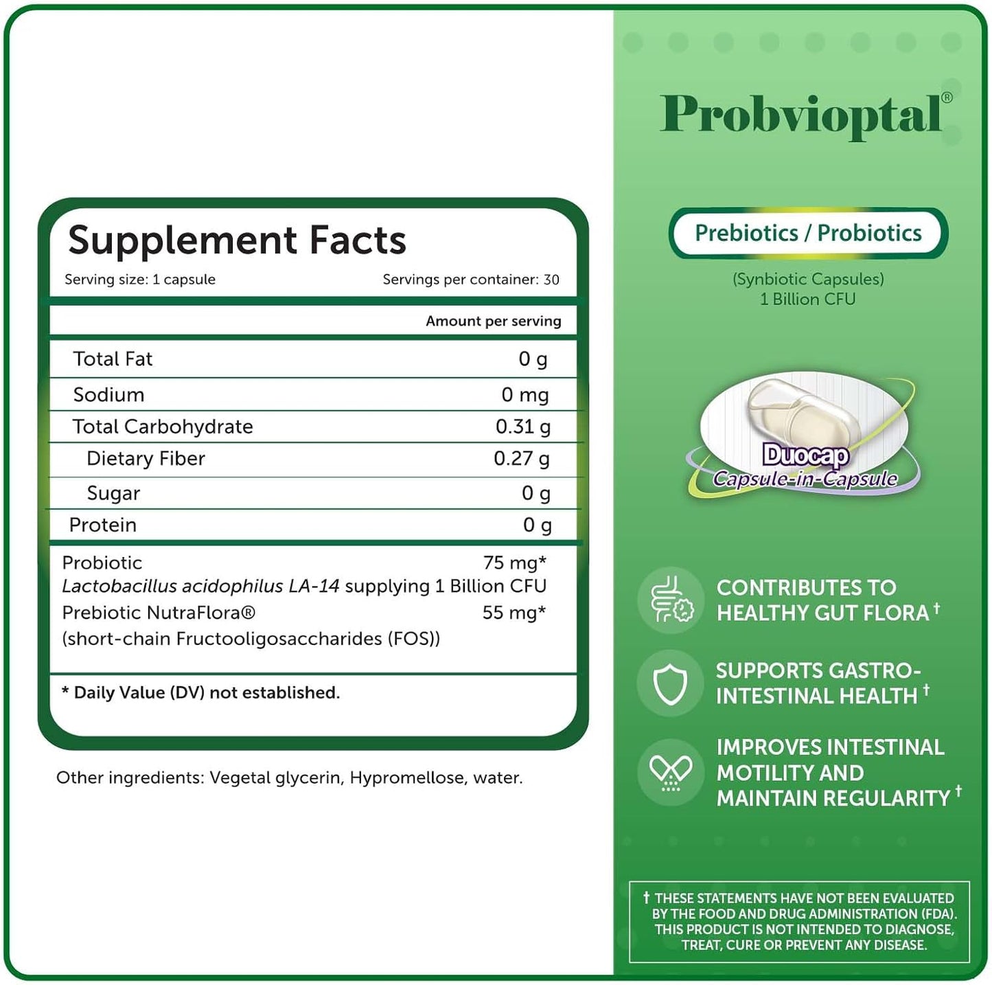 Vivioptal Probiotic and Prebiotic Capsules, 30 Count, 1 Billion CFU, Gluten Free