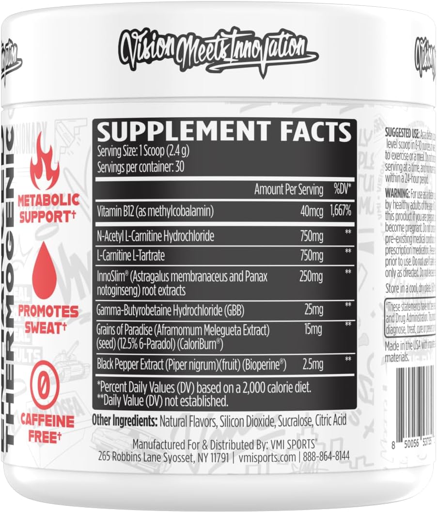 VMI Sports Heat L-Carnitine Powder - Enhanced Thermogenic Formula for Maximum Absorption - 1500mg - Great Taste - 30 Servings for Men & Women