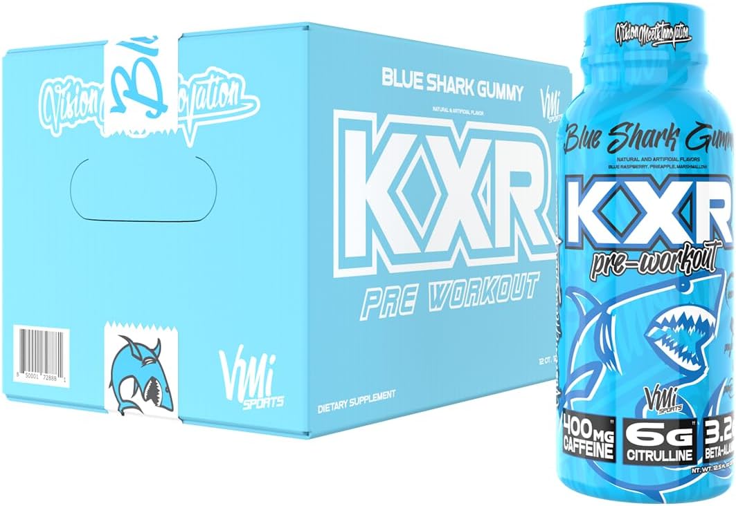 VMI Sports KXR High Stimulant Pre-Workout Energy Drink - 400mg Caffeine, 6g Citrulline, 3.2g Beta-Alanine, Blue Gummy Flavor - 12.5 oz Bottles, 12 Count
