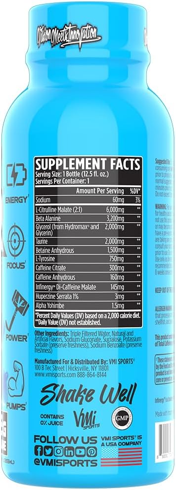 VMI Sports KXR High Stimulant Pre-Workout Energy Drink - 400mg Caffeine, 6g Citrulline, 3.2g Beta-Alanine, Blue Gummy Flavor - 12.5 oz Bottles, 12 Count