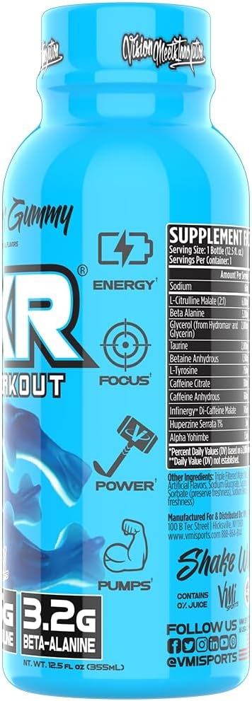 VMI Sports KXR High Stimulant Pre-Workout Energy Drink - 400mg Caffeine, 6g Citrulline, 3.2g Beta-Alanine, Blue Gummy Flavor - 12.5 oz Bottles, 12 Count
