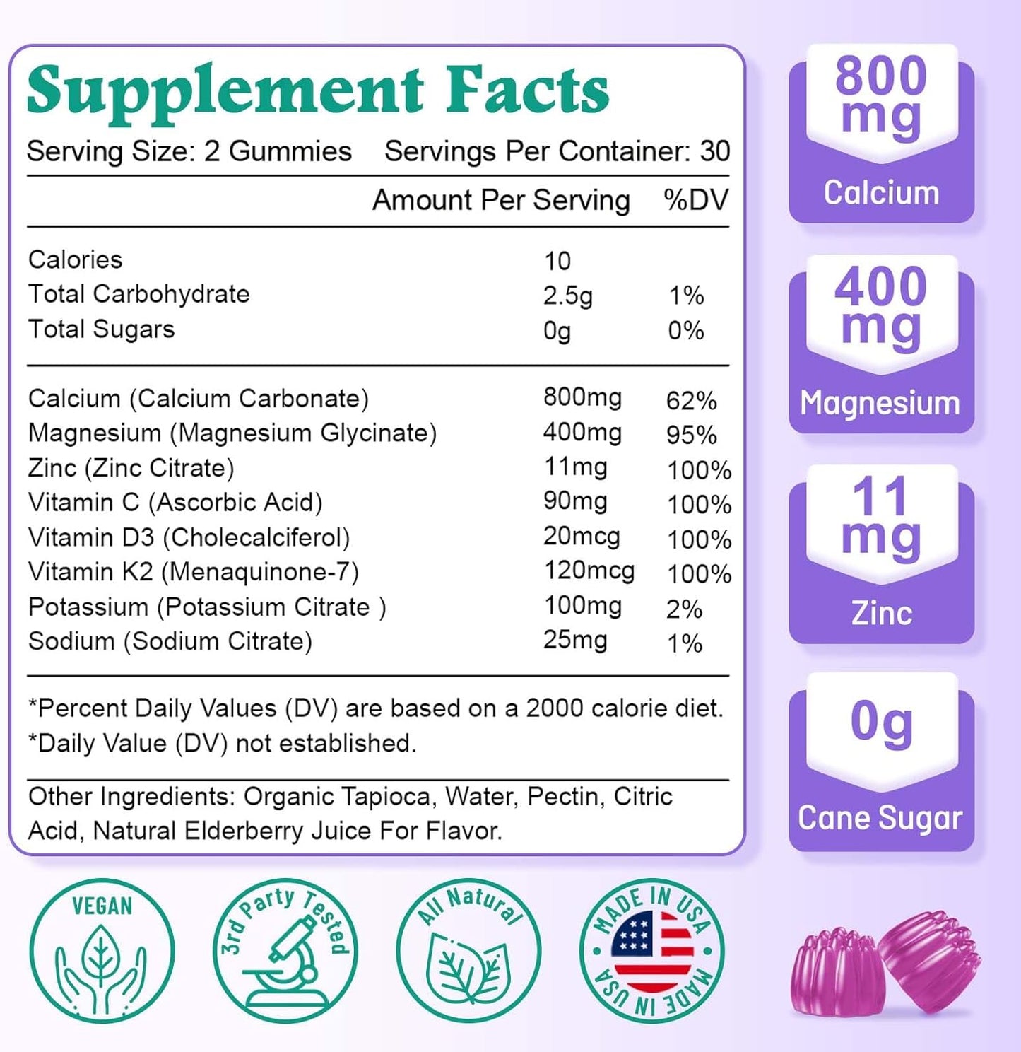 VZOXAINS Elderberry Flavored Calcium Gummies with Potassium and Vitamin D3 - Vegan Sugar Free Supplement for Bone Strength and Muscle Function - 120 Count