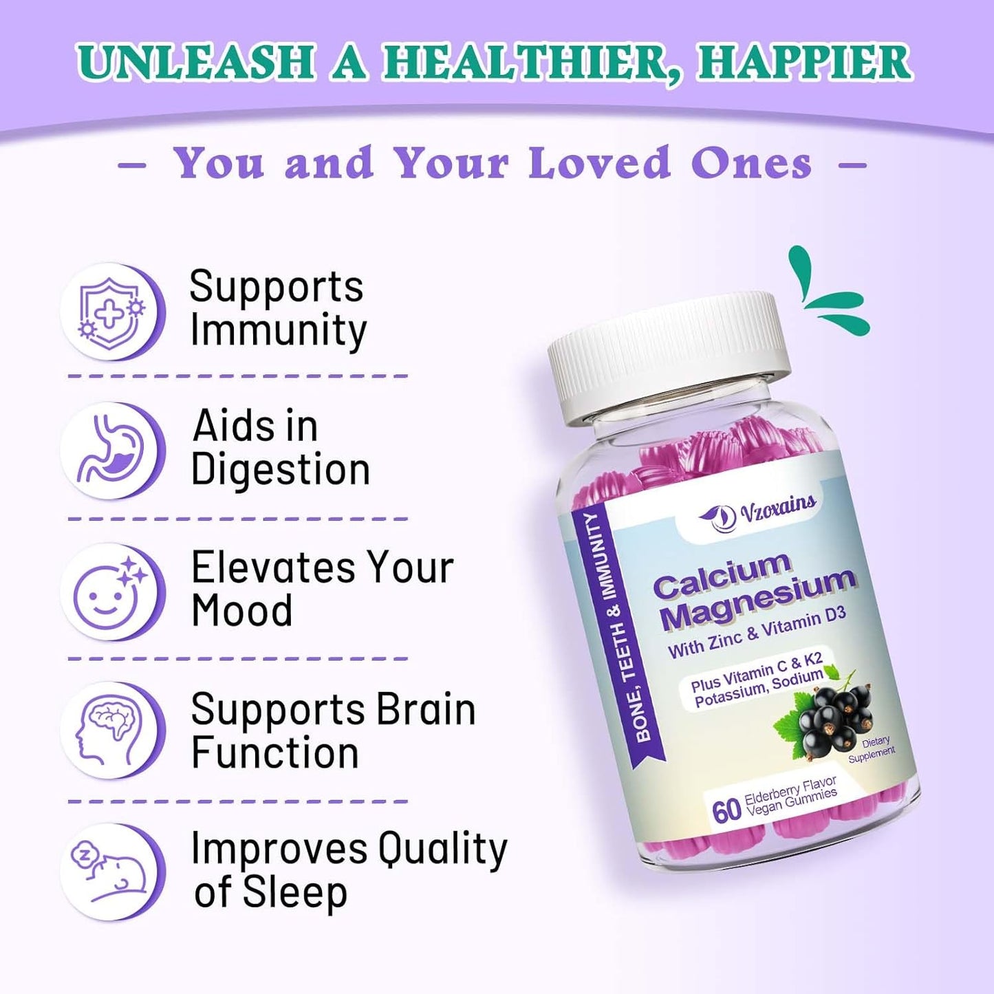 VZOXAINS Elderberry Flavored Calcium Gummies with Potassium and Vitamin D3 - Vegan Sugar Free Supplement for Bone Strength and Muscle Function - 120 Count